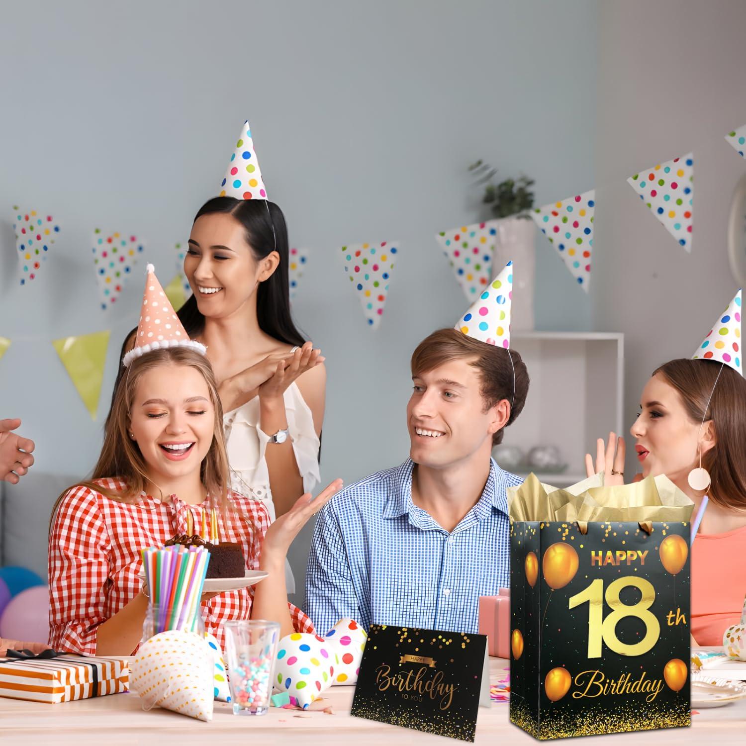 icanstand icanstand Black Gold 18th Birthday Gift Bag with Greeting Card, Envelope and Tissue Paper for Men Women, 13\" Large Gift Wrap Bag with Handles for Birthday Party Decorations Supplies (18th)