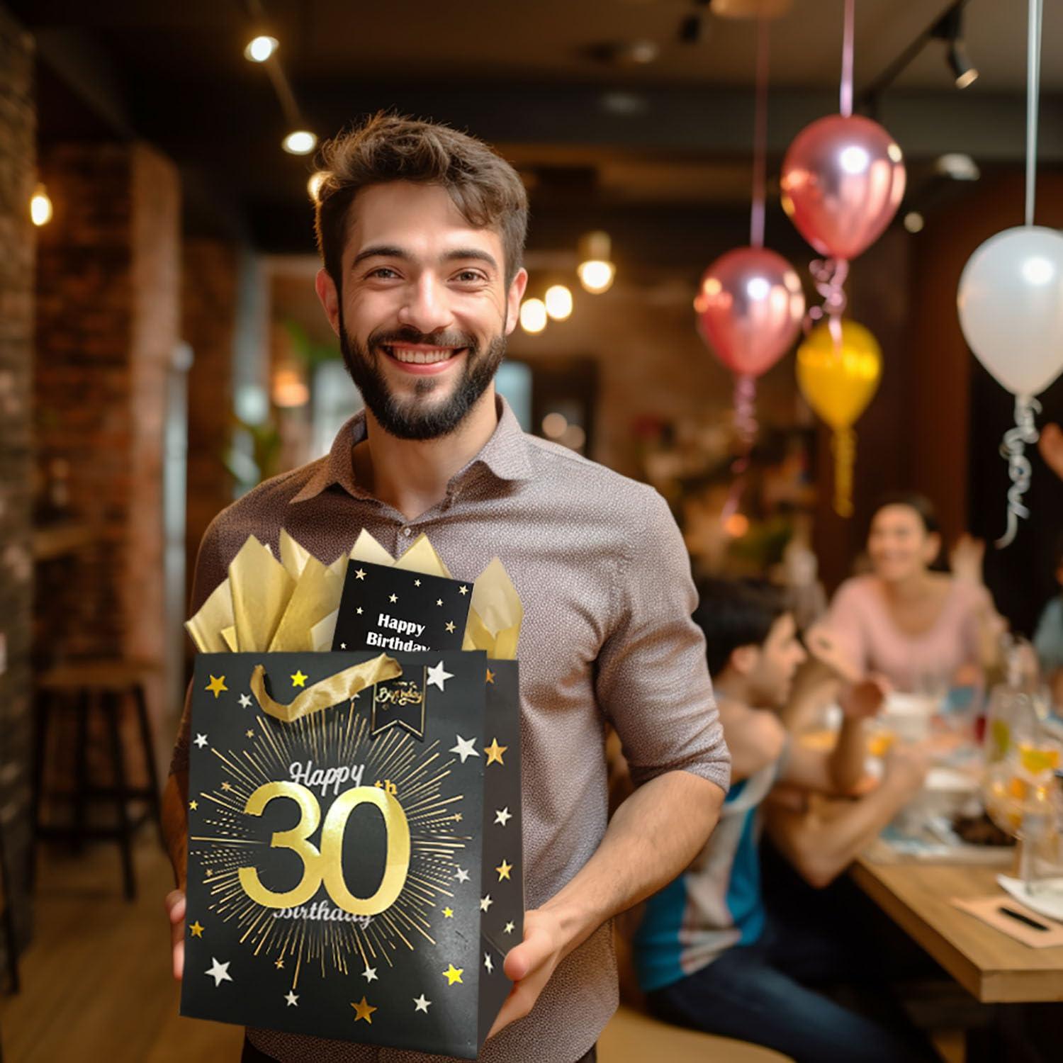 Yitla Yitla 30th birthday gift bag for men,13\" Black Happy 30th Birthday Gift Bag with Card and Tissue Paper for Men Women 30th Birthday Party Supplies (30th Happy Birthday)