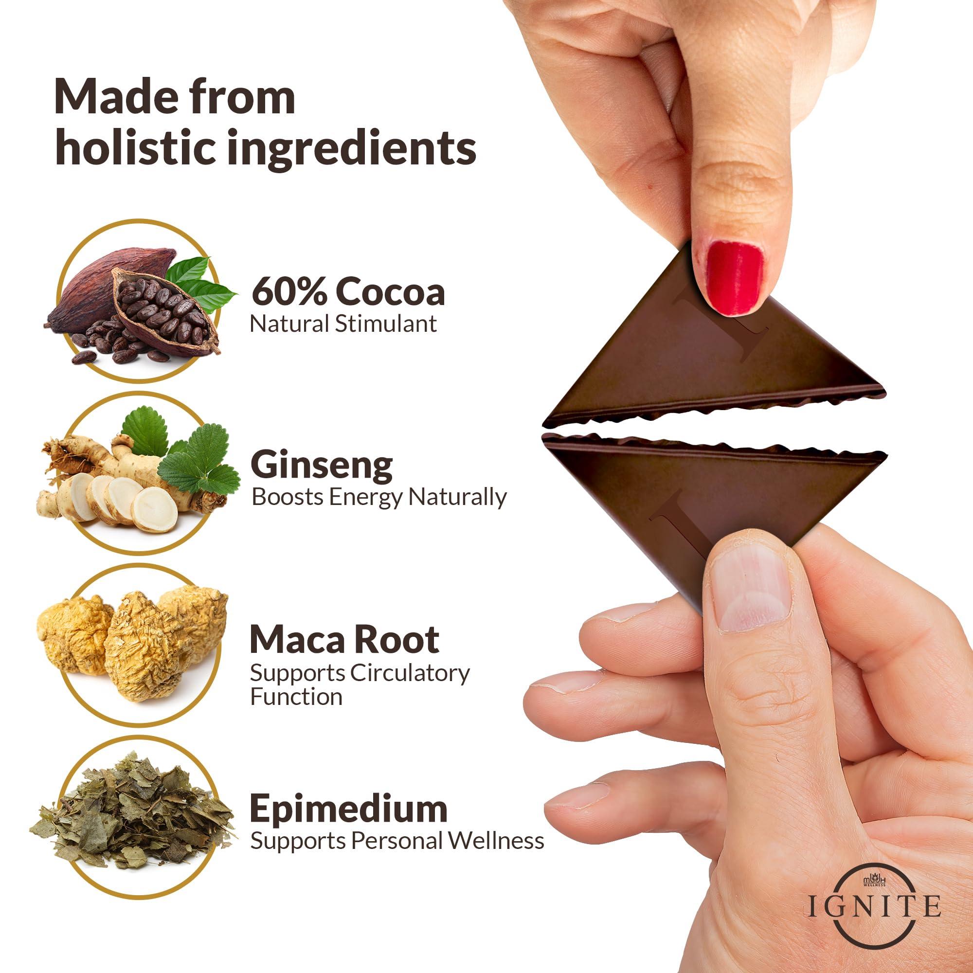 MBDH Wellness Ignite Dark Chocolate Bars - Premium Dark Chocolate Squares for Couples - 60% Cocoa, Vegetarian - Crafted with Epimedium and Maca Root for a Delightful Experience - Ideal for Men & Women - Pack of 1