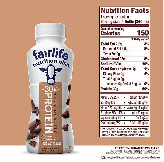 Sophley Fairlife Nutrition Plan High Protein Chocolate Shake, 12 pk. & a Sophley Individually Wrapped Red and White Flex Straws Set