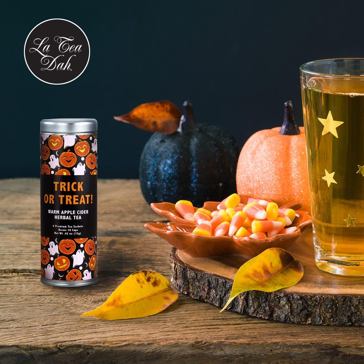 La Tea Dah Trick or Treat Gift Basket for Halloween by La Tea Dah, Warm Apple Cider Tea, Pumpkin Spice Breakfast Tea, and Two Honey Stirrers, Halloween Treats Non Candy, Gourmet Tea Gift Sets