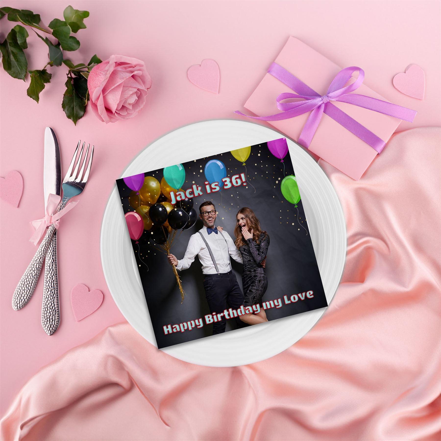 Bang Tidy Clothing Personalized Photo Beverage Napkins For Special Occasion, Birthday Party Tableware Decorations, Balloon Border Frame, Custom Disposable Luxury Linen Feel Pack of 24 Paper Serviettes