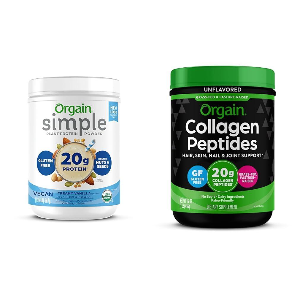 Orgain Orgain Organic Simple Vegan Protein Powder, Vanilla with Collagen Peptides Powder - Plant Based Protein, Hair Skin Nail Joint Support - 1.25lb 1lb