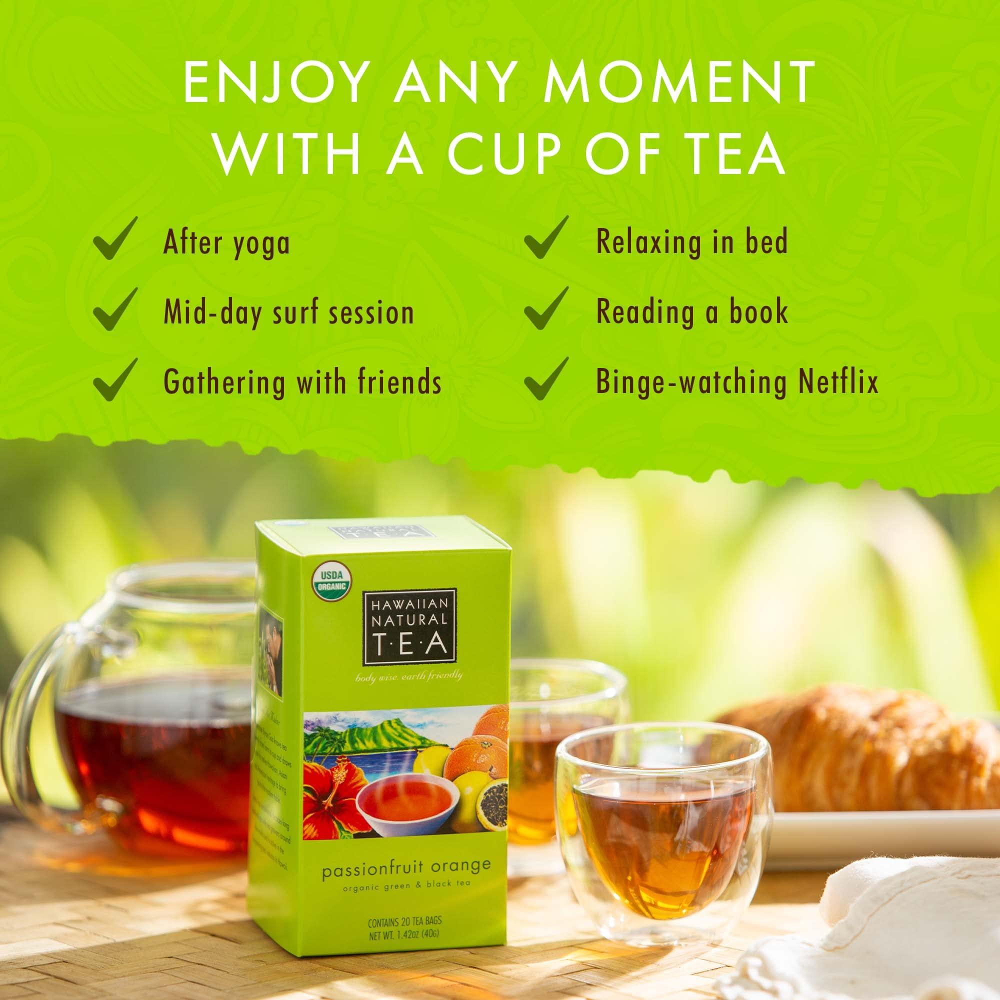 HAWAIIAN NATURAL TEA Hawaiian Natural Tea Passion Fruit Orange Flavored Organic Tea - Tropical Fruit Green Tea Blend with Black Tea - Perfect Daily Cup & Gift for Tea Lovers - 60 Tea Bags