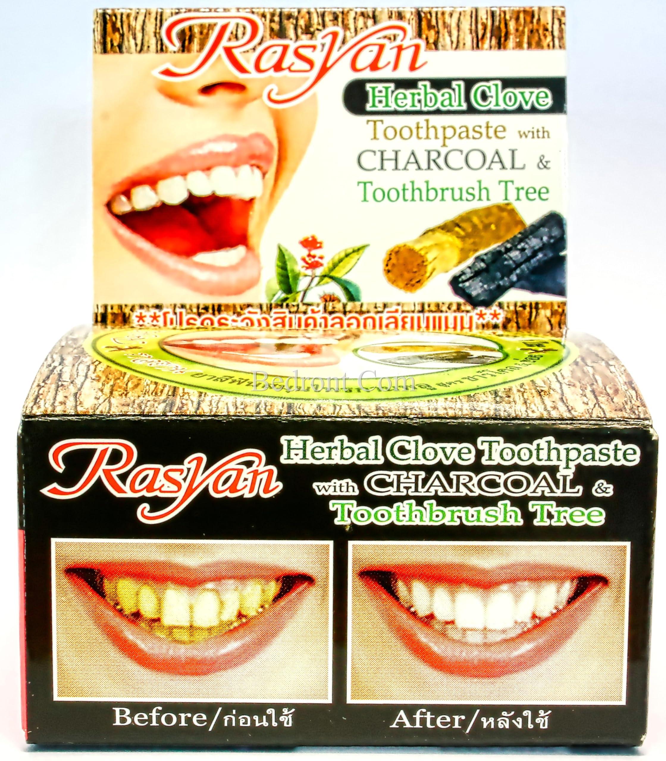 Rasyan 1 Pc. of Rasyan Herbal Clove Concentrated Toothpaste (0.88 oz) with Charcoal and Toothbrush Tree for White and Healthy Teeth. Imported from Thailand.
