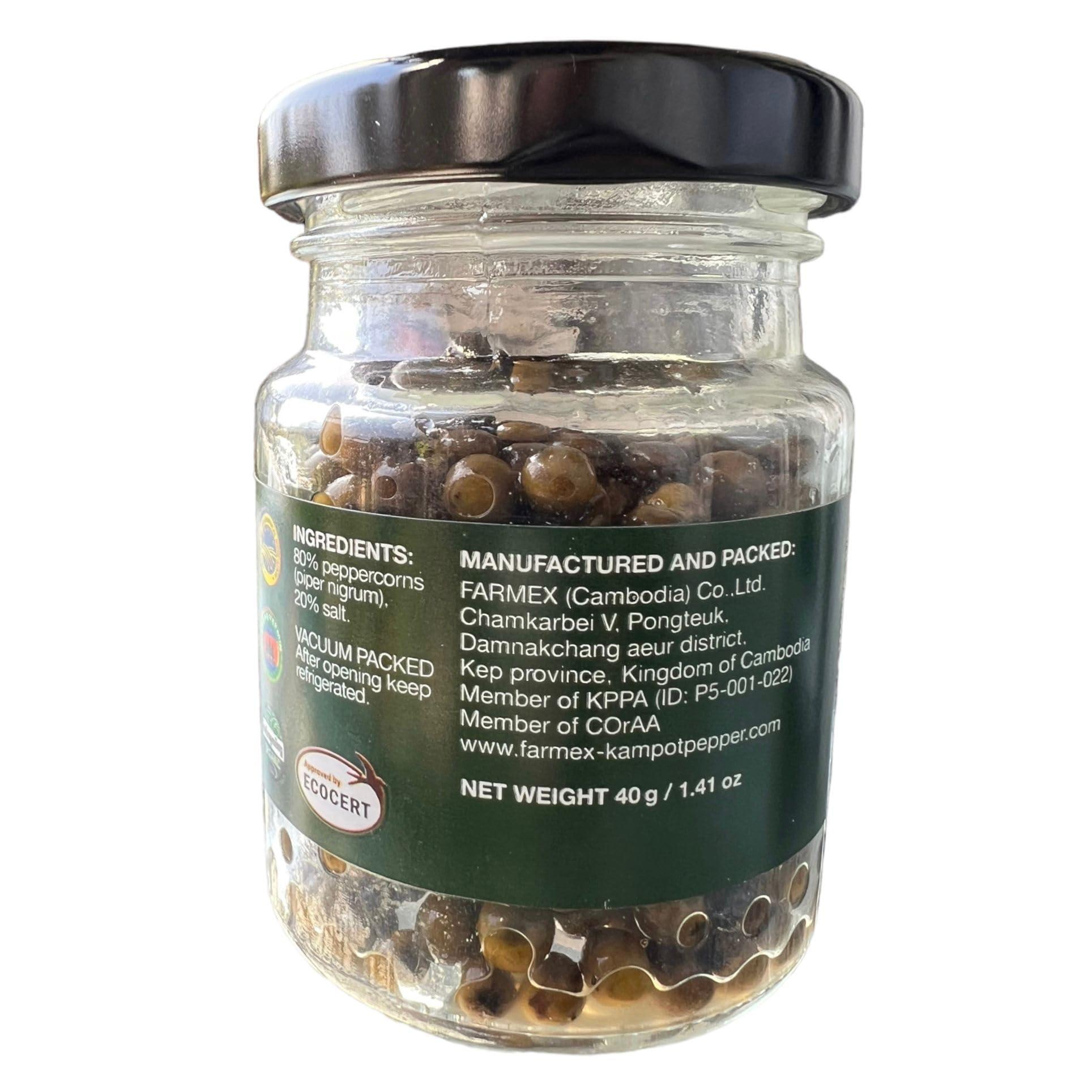 Kruntei Kruntei Kampot pepper (piper nigrum) from our own farm in Cambodia in a vacuum bag/box (Green solted)