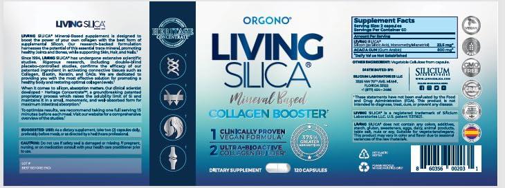 Orgono Living Silica Living Silica Collagen Booster Capsules | Ultra High Absorption | Supports Healthy Collagen and Elastin Production for Joint & Bone Support, Glowing Skin, Strong Hair & Nails (120 Count)