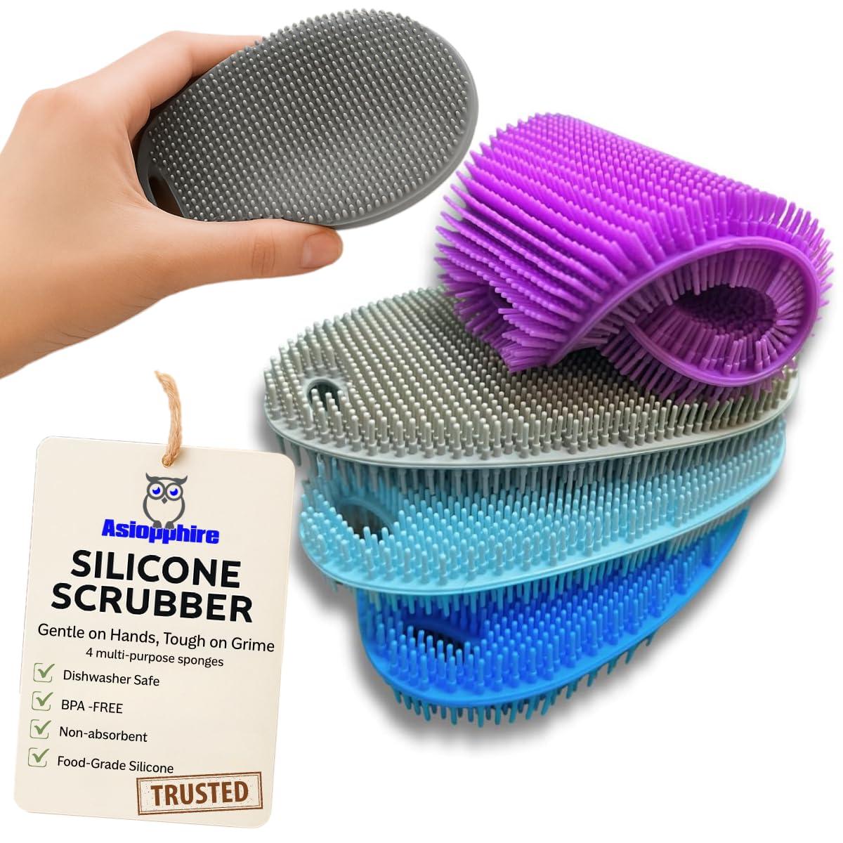 Asiopphire Silicone Sponge Dish Scrubber - Food Grade Silicone Dish Scrubber and Housecleaning - BPA Free Silicone Kitchen Scrubber [4 Pack Ovals]