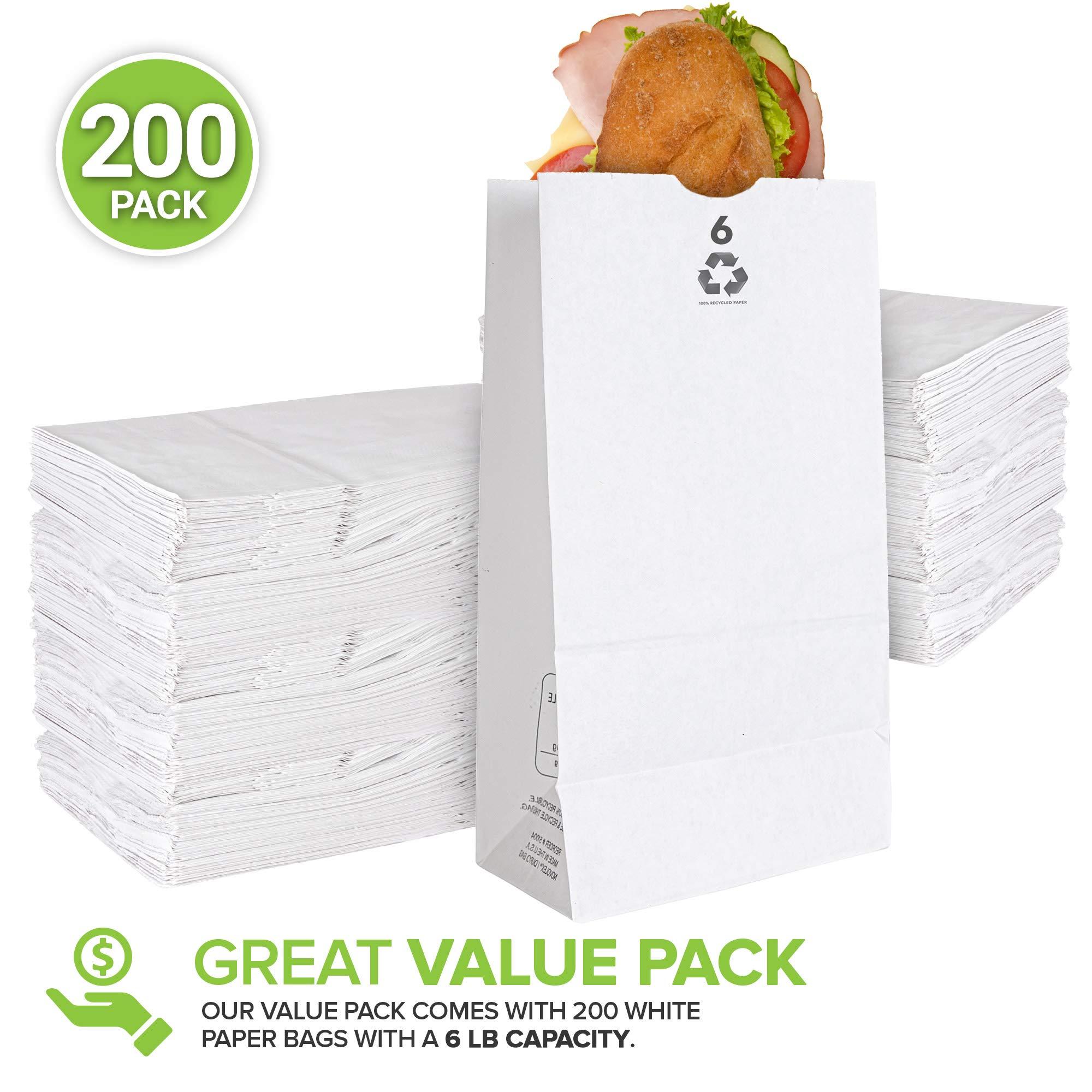 Stock Your Home Stock Your Home 6 Lb White Paper Bags (200 Count) - Eco Friendly White Lunch Bags - Small White Paper Bags for Packing Lunch & Snacks - Blank White Lunch Bags Paper for Arts & Crafts Projects