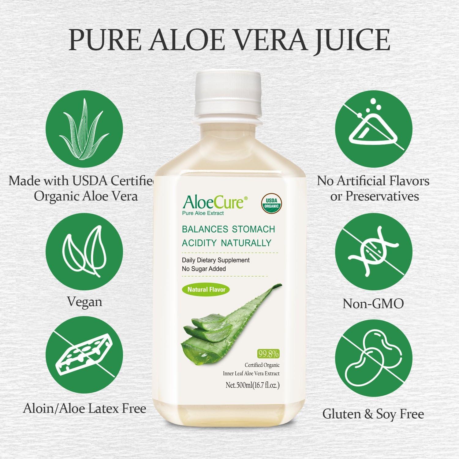 AloeCure AloeCure USDA Organic Aloe Vera Juice Made Within 12 Hrs of Harvest - Pure Aloe Juice Natural Digestive Supplement to Support Digestion, Immune System and Balanced Stomach Acidity, 18 x 500ml Bottles