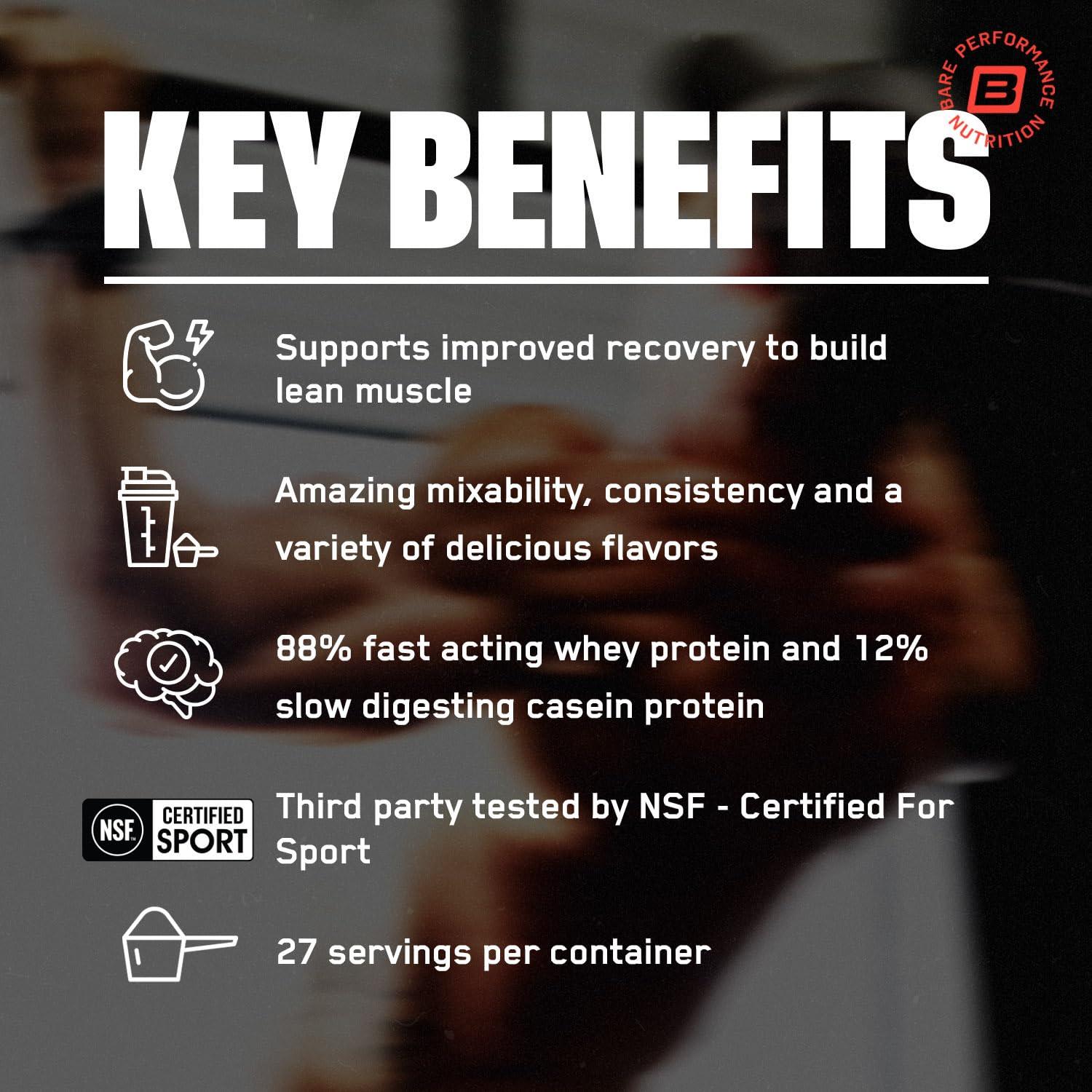 BARE PERFORMANCE NUTRITION BARE PERFORMANCE NUTRITION, BPN Whey Protein + Casein Protein Powder Blend, Milk N\' Cookies, 25g Protein per Serving Supports Lean Muscle Recovery, 27 Servings, Third Party Tested