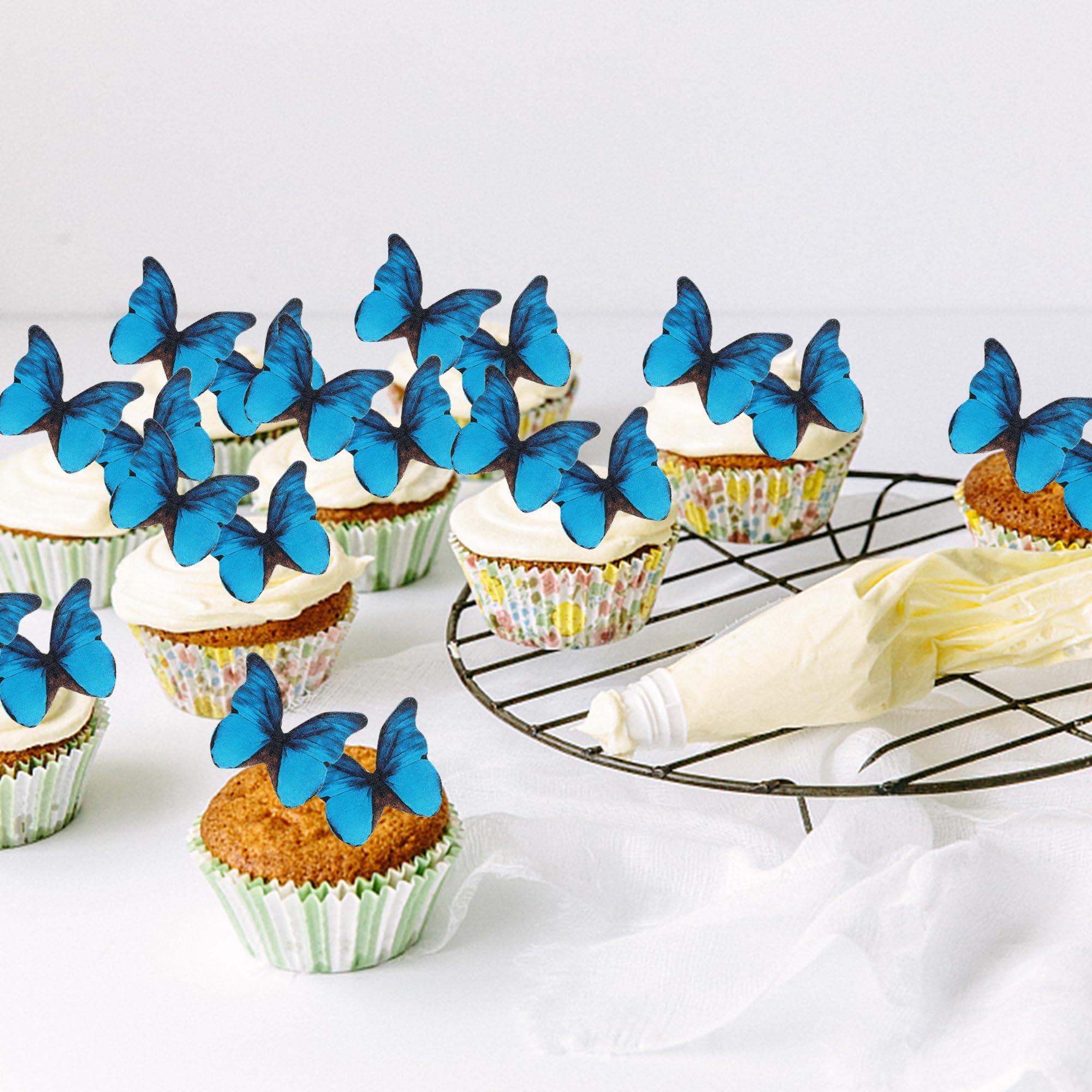 ZHUOWEISM 48PCS Edible Butterfly Cupcake Toppers Edible Butterfies for Cake Decorating Wafer Paper Edible Butterfly Cupcake Picks for Wedding Anniversary Kids Birthday Party Cake Decorations Supplies Blue