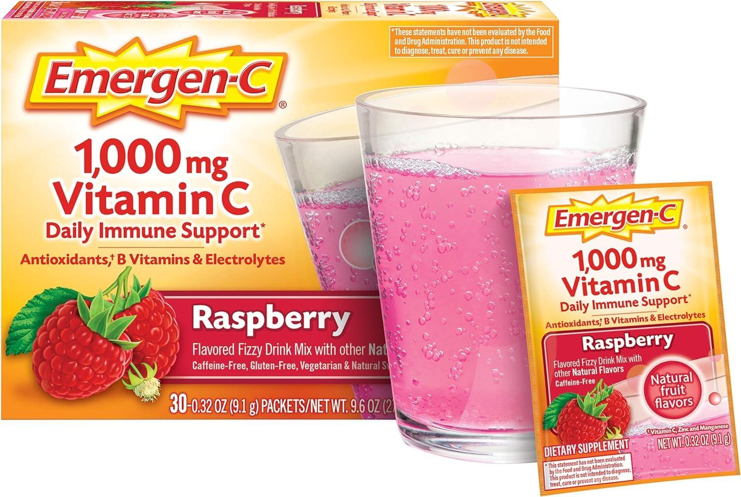 Emergen-C Emergen-C 1000mg Vitamin C Powder, with Antioxidants, B Vitamins and Electrolytes, Immunity Supplements for Immune Support, Caffeine Free Fizzy Drink Mix, Raspberry Flavor, 0.32 Ounce (Pack of 30)