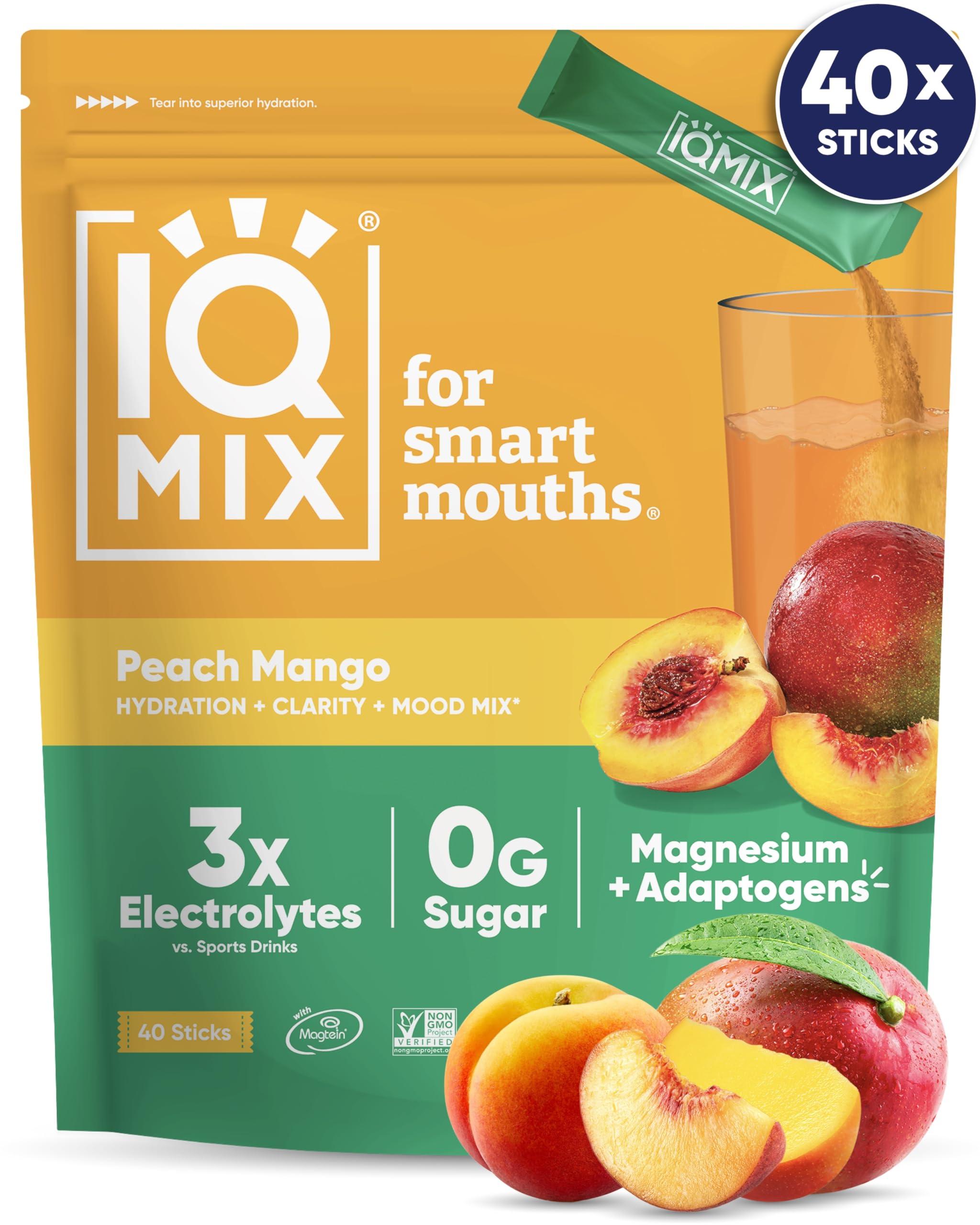 IQBAR IQMIX Hydration Electrolytes Powder - Sugar-Free Drink Mix Packets - Rehydration and Recovery - Keto-Friendly with Magnesium L-Threonate, Lion's Mane, Potassium Citrate - Peach Mango (40 Count)