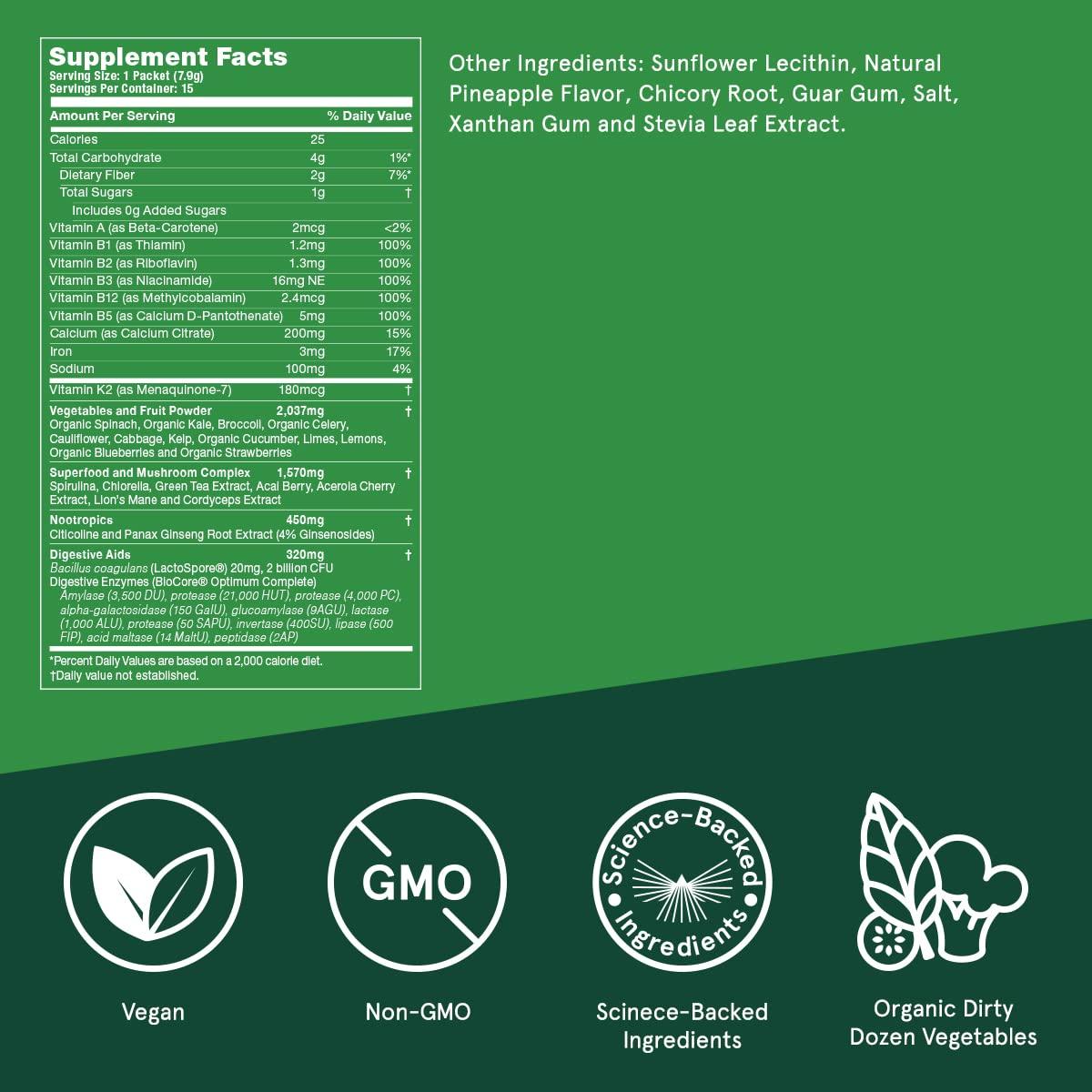 Bulletproof Bulletproof Greens Packets, 15 Count, Daily Greens Powder with Superfoods and Nootropics, Full Serving of Vegetables, Essential Nutrients