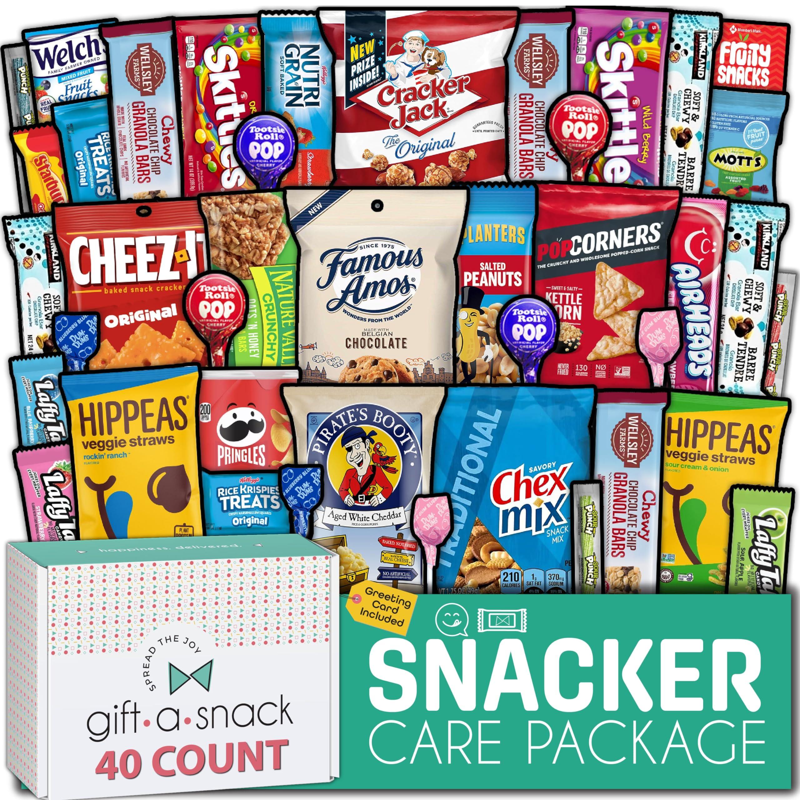 Nut Cravings Gift A Snack - Valentines Day Snack Box Variety Pack Care Package + Greeting Card (40 Count) Galentines Birthday Sweet Treats Gift Basket, Candies Chips Crackers Bars Corporate Gifts