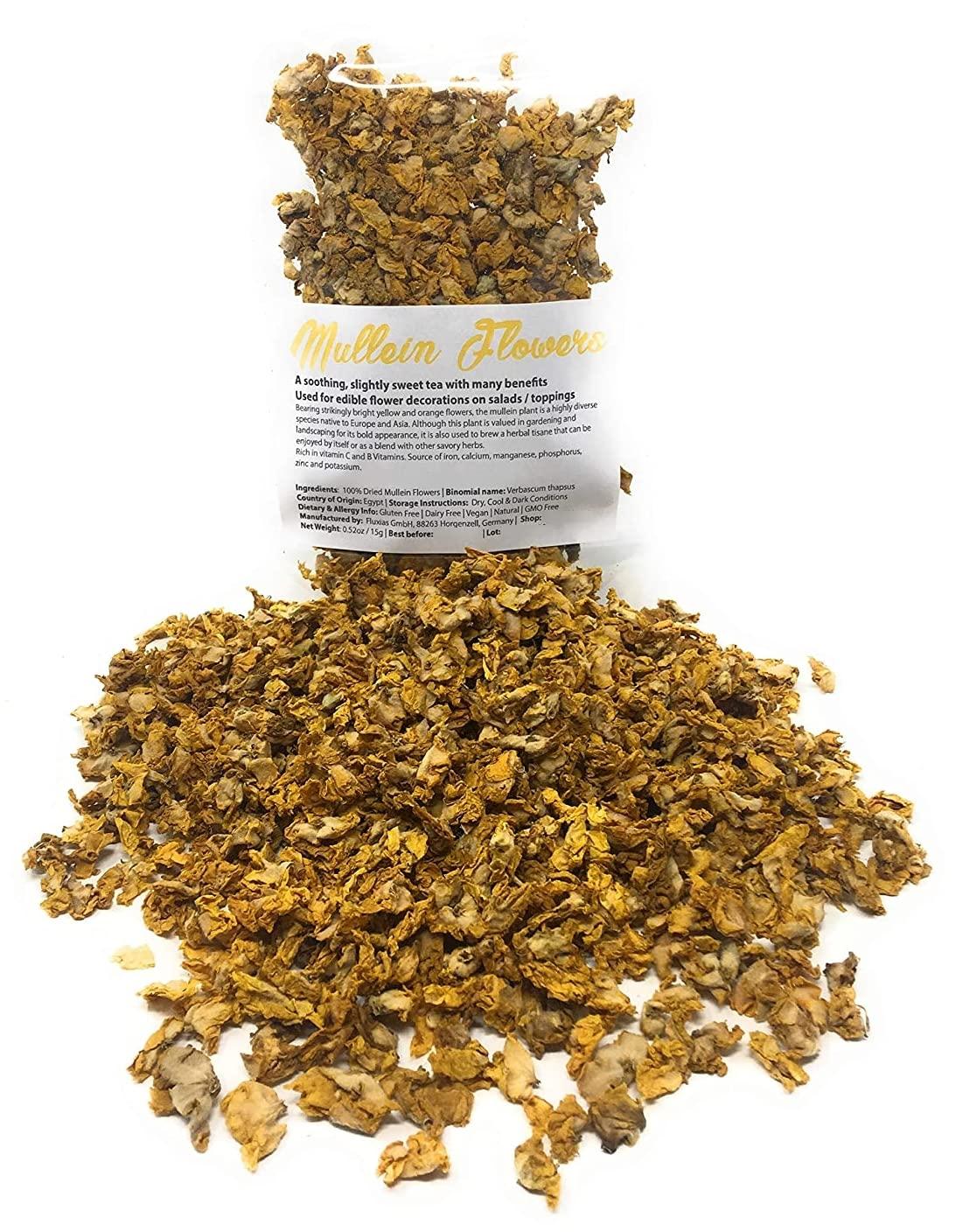 Naturegrail 100% Dried Mullein Flowers (Verbascum thapsus) | Net Weight: 0.52oz / 15g | Soothing, slightly sweet tea with many benefits - Used for edible flower decorations on salads / toppings