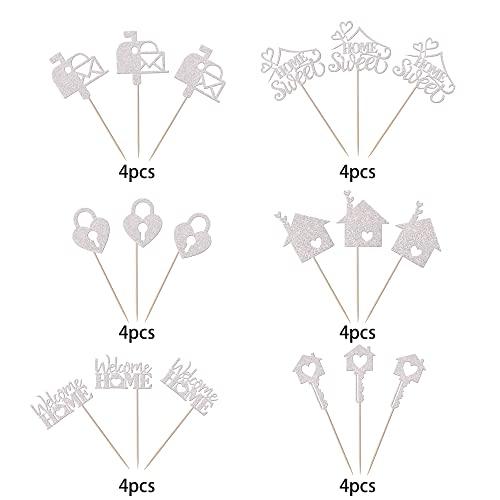 YCTHUNFISH 24 Pack Sweet Home Cupcake Toppers Glitter Key Lock Housewarming Cupcake Picks New Home Theme Party Welcome New House Party Cake Decorations Supplies Silver