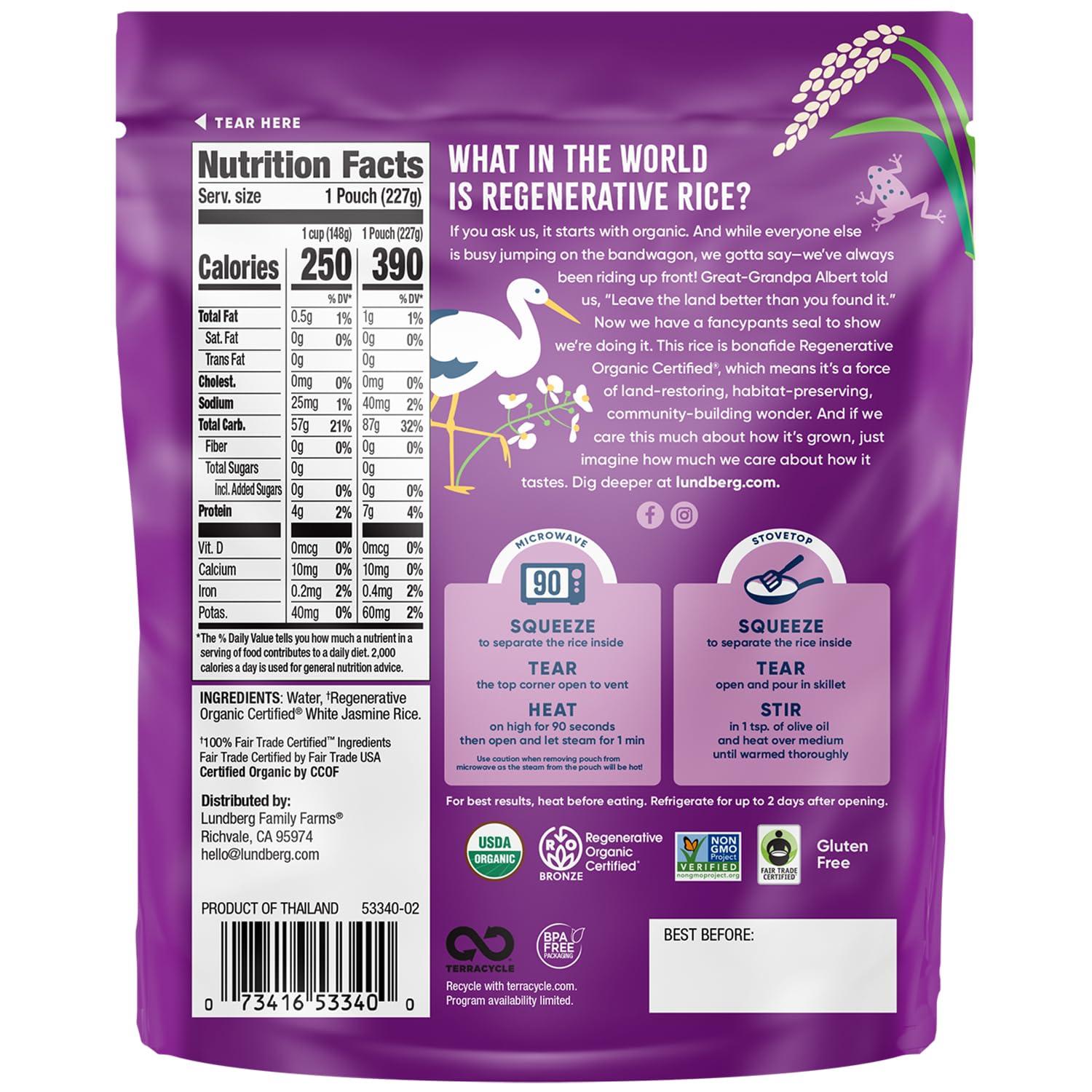 Lundberg Lundberg Jasmine Rice, Ready in 90 Seconds, 6-Pack Regenerative Organic Certified Long Grain White Rice, Microwavable, Fluffy, Non-Sticky, Aromatic Organic Rice, 8 Oz Ea