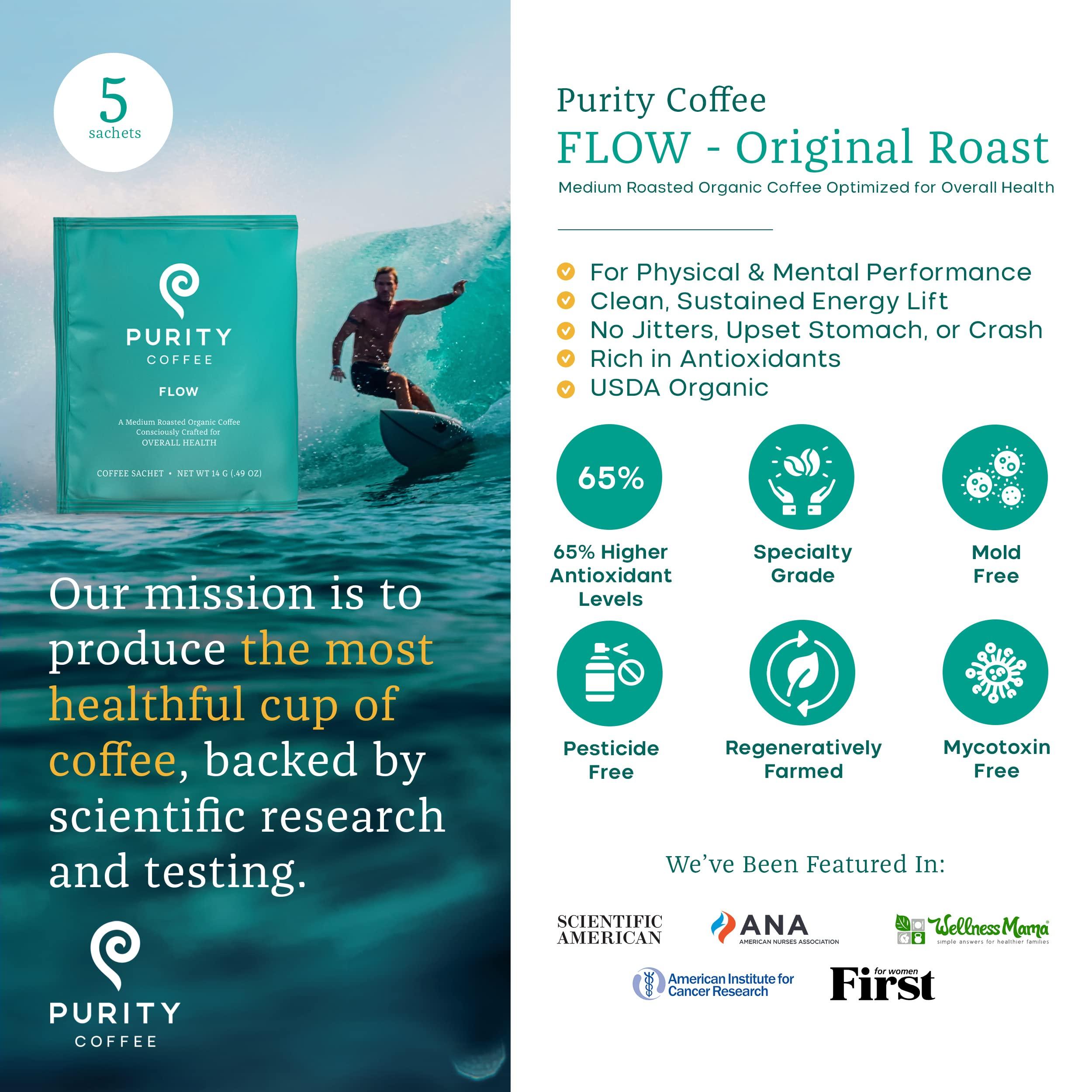 Purity Coffee Purity Coffee FLOW Medium Roast Organic Coffee - USDA Certified Organic Specialty Grade Arabica Single-Serve Packets - Third Party Tested for Mold, Mycotoxins and Pesticides - 5 ct Box
