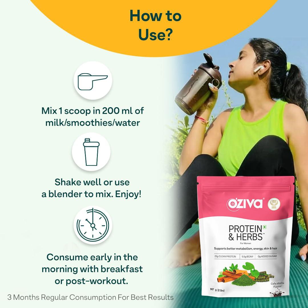 OZIVA Oziva Protein & Herbs Whey Protein with Ayurvedic Herbs for Women, Cafe Mocha, 31 Servings, 0g Added Sugar