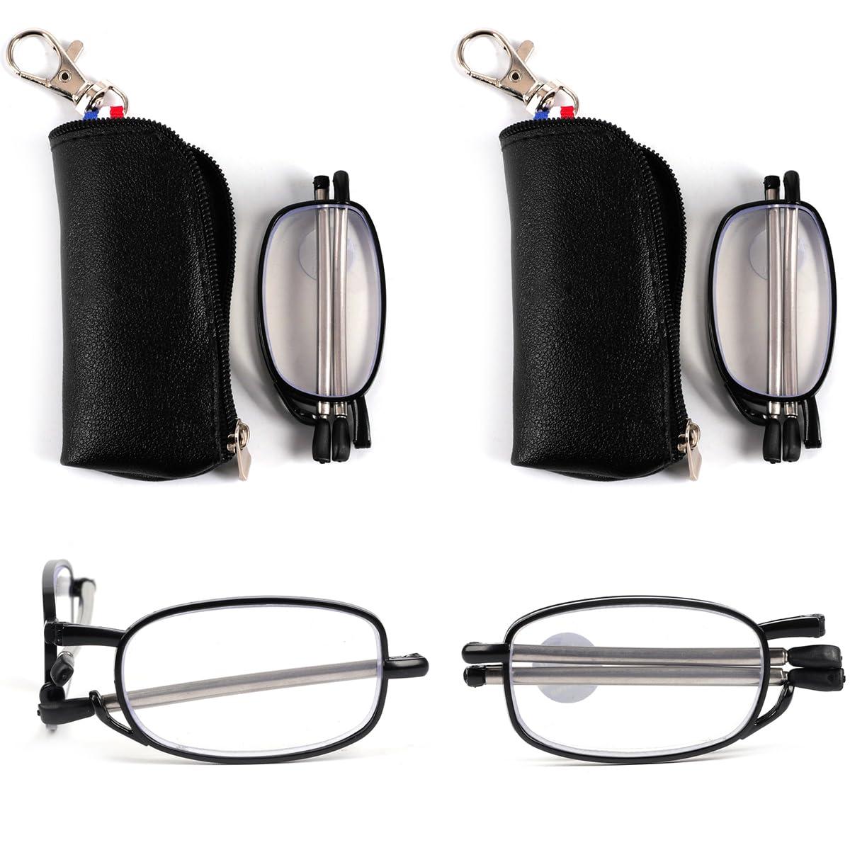 VANANA VANANA Foldable Blue Light Blocking Reading Glasses, Telescopic Glasses Legs Reader with Portable Zipper Bag Keychain (Black (2 Pairs), 2.5, multiplier_x)