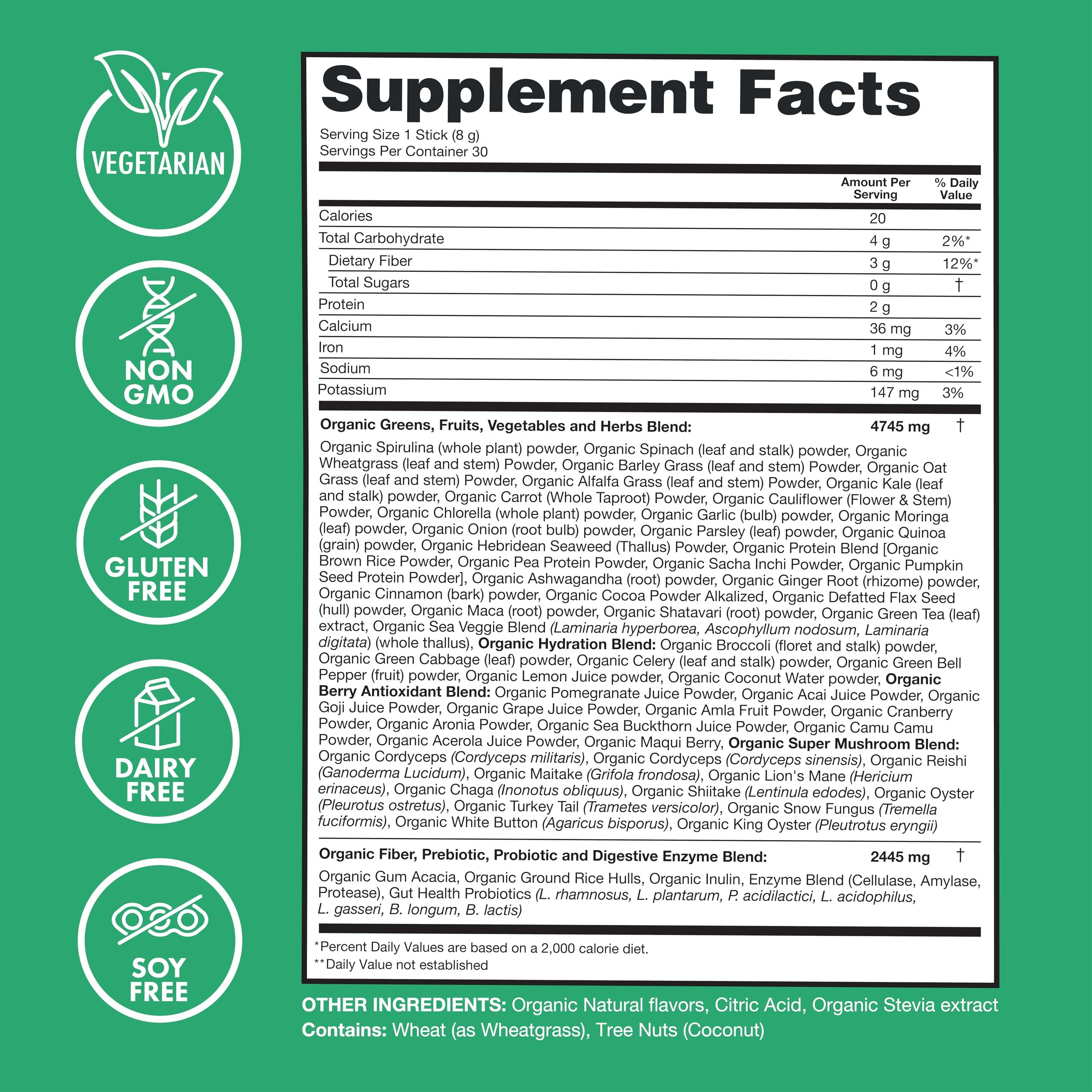 Zena Fit Nutrition Zena Organic Super Greens Powder, 70+ Superfoods Drink Mix, 0 Sugar, 3G Fiber, Fruits, Veggies, Spirulina, Chlorella, Antioxidants, Pre & Probiotics, Digestive Enzymes, Mixed Berry Flavor, 30 Packets