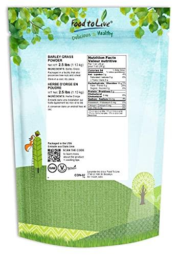 Food to Live Food to Live Barley Grass Powder, 2.5 Pounds Ground Whole Raw Dried Young Leaves, Fine Milled, Kosher, Vegan Superfood, Bulk. Rich in Fiber, Protein. Great for Juices, Smoothies, Shakes