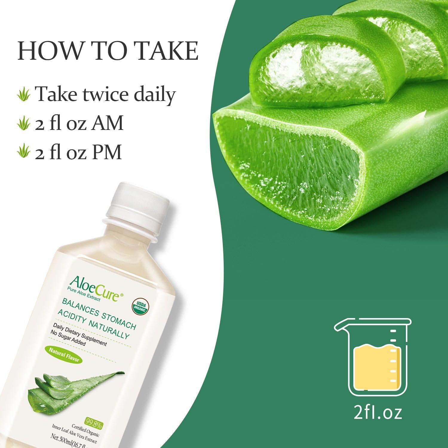 AloeCure AloeCure USDA Organic Aloe Vera Juice Made Within 12 Hrs of Harvest - Pure Aloe Juice Natural Digestive Supplement to Support Digestion, Immune System and Balanced Stomach Acidity, 6 x 500ml Bottles