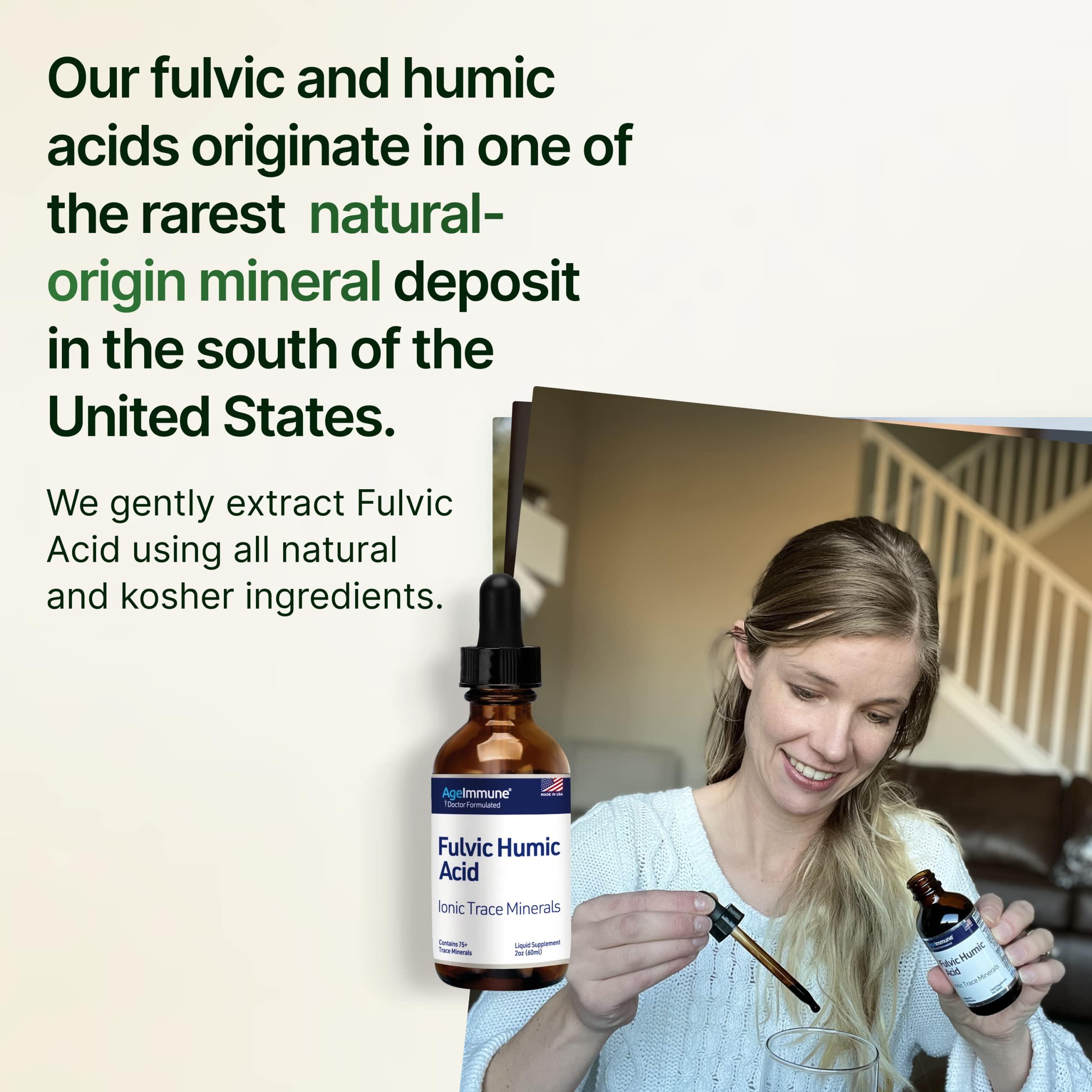 AgeImmune Fulvic Humic Acid Liquid Supplement. Plant Derived Mineral Drops, Over 75 Trace Minerals for Energy Boost. Up to 8 Months Supply. Concentration 250%. 2oz Each. 2 Bottles.