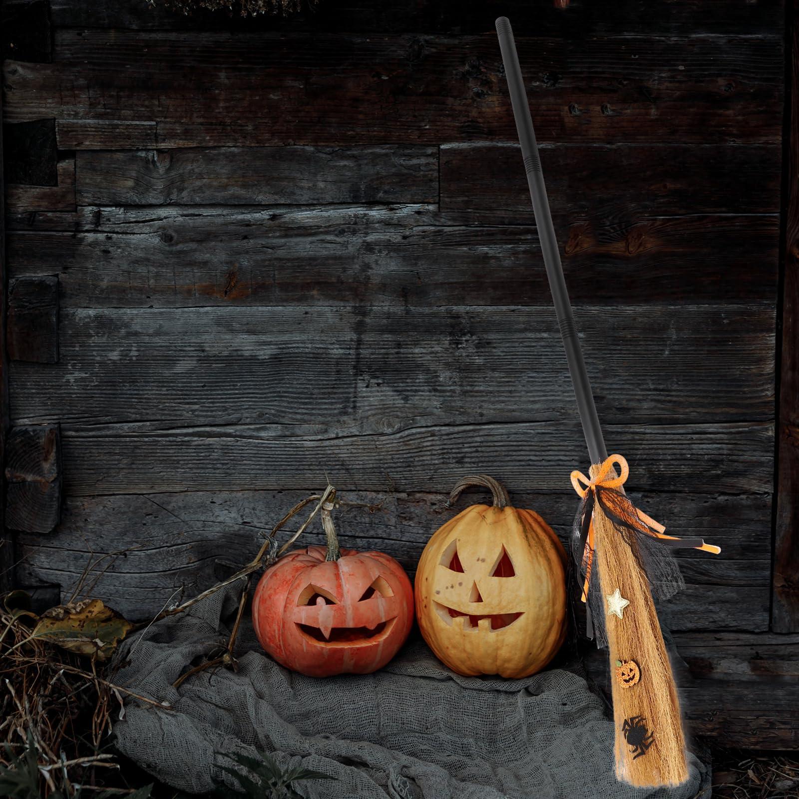 LOGOFUN LOGOFUN Halloween Witch Broom Witch Broomstick with Ribbon Plastic Witch Broom Prop for Kids Adults Party Cosplay Costume Accessories - Orange