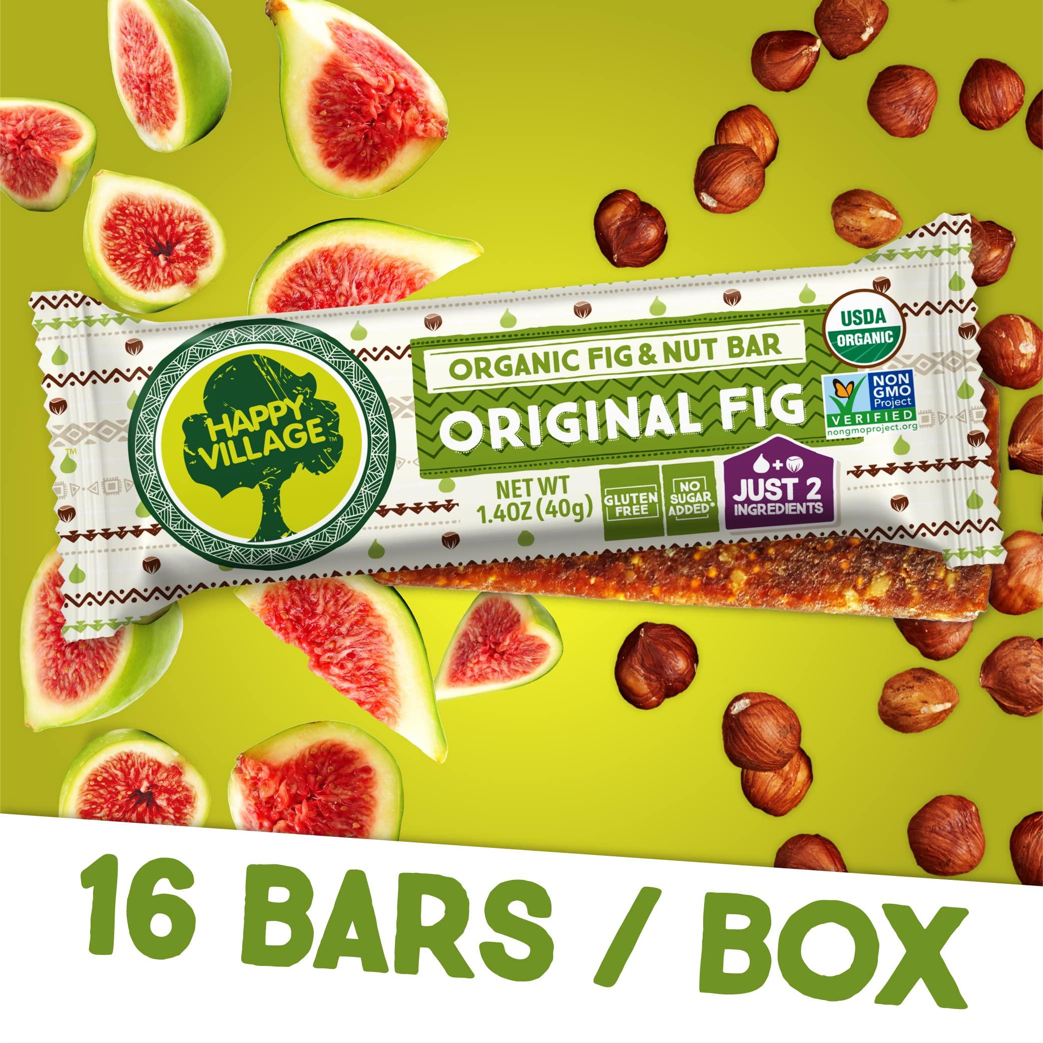 Happy Village Happy Village Organic Fig & Nut Bar, ORIGINAL FIG | Only 2 Ingredients, Gluten Free, No Added Sugar, Kosher, Non-GMO, Vegan, Good Source of Fiber | Organic Healthy Snack Bars (16 bars, 1.4 OZ each)