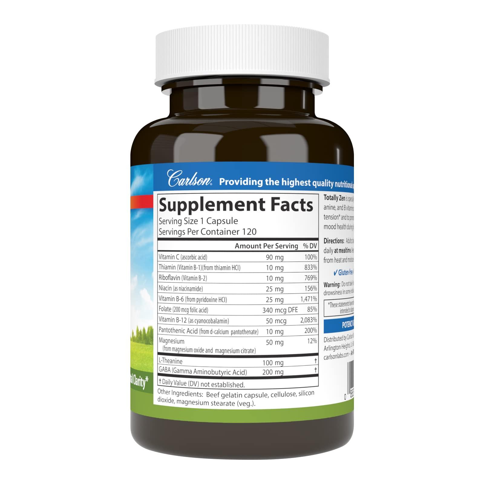 Carlson Carlson - Totally Zen, GABA, L-Theanine & B Vitamins, Healthy Mood, Promotes Calmness & Mental Clarity, 120 Capsules