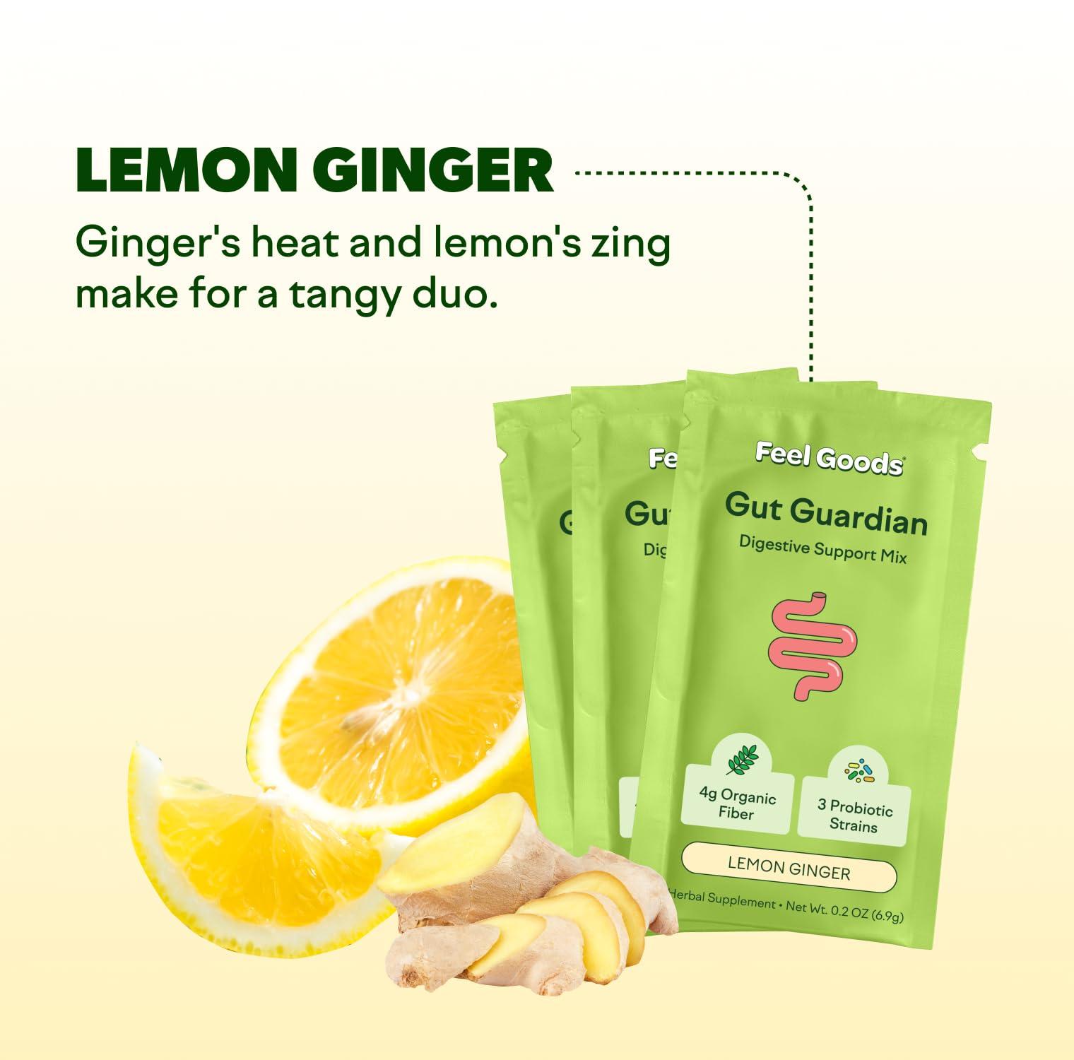 Feel Goods Feel Goods Gut Guardian, Prebiotic & Probiotic Powder, Sugar Free, Organic Fiber, Organic Herbs for Bloat, Gut Health Support, Digestive Health for Men & Women, Non GMO, Vegan | Lemon Ginger, 15 Count