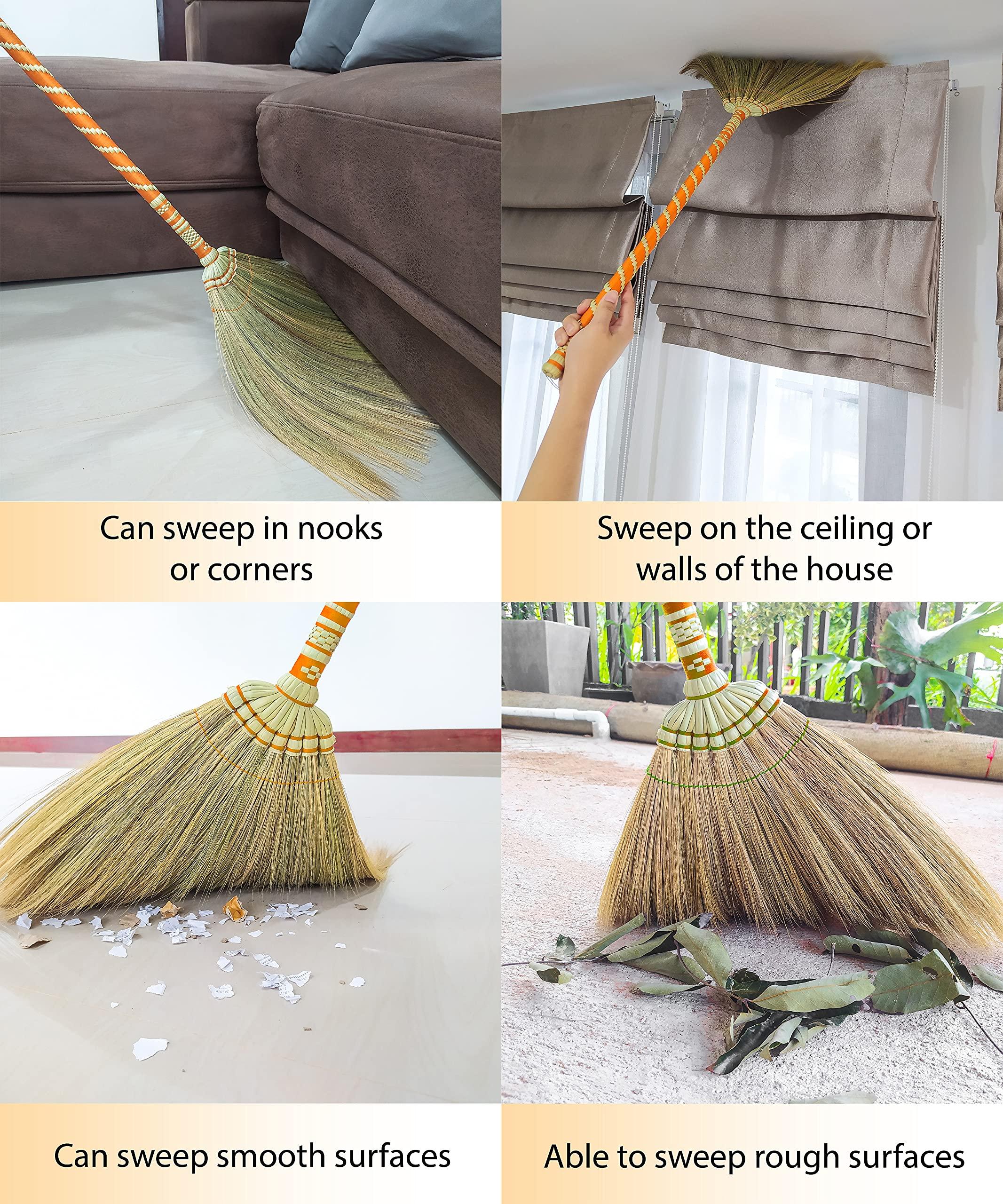 AW BROOMS Asian Straw Broom Thai for Cleaning Floor,Housewarming Gift,Thai Vintage Retro Grass Broom Stick, Hardwood Sweeper with Brush Power and Circle Cleaning ( Length 40 inch )