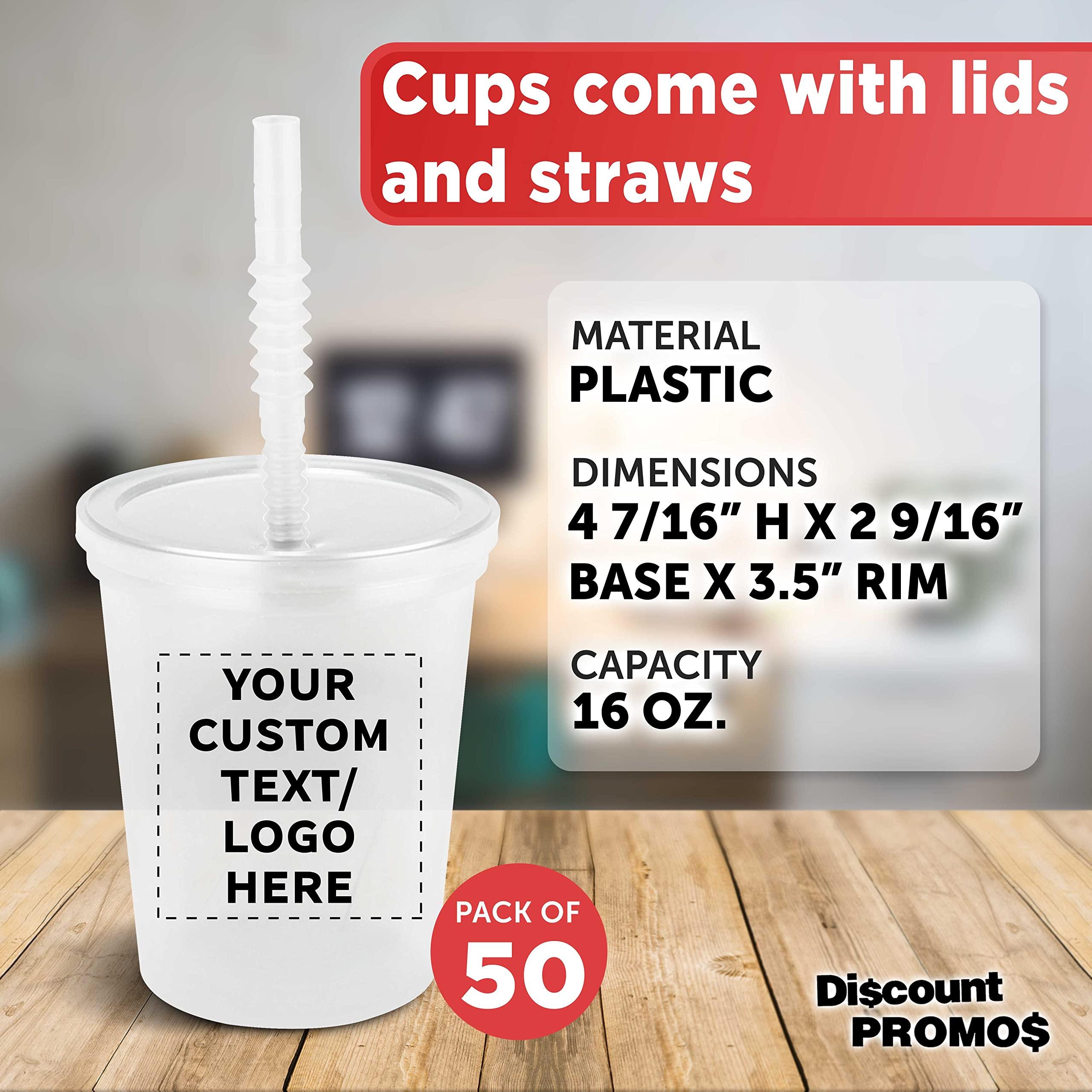 DISCOUNT PROMOS Custom Plastic Cups with Lid and Straw 16 oz. Set of 50, Personalized Bulk Pack - Perfect for Summer, Sporting Events, Birthdays, Weddings, Picnic, Beach, Parties - Clear