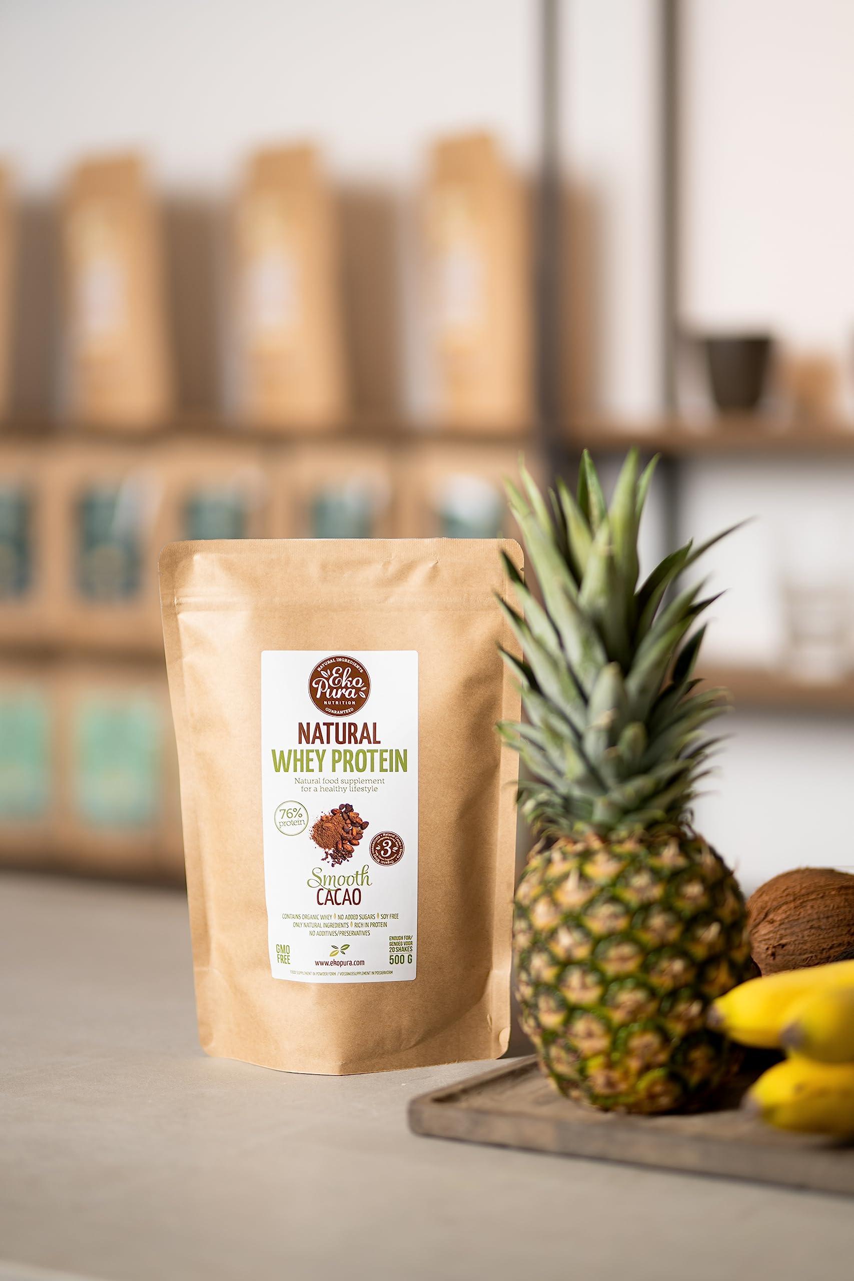 Ekopura Ekopura Natural Whey Protein - Cacao - 76% Protein, Organic Whey from Grass Fed Cows - Free of Nasties - 500g