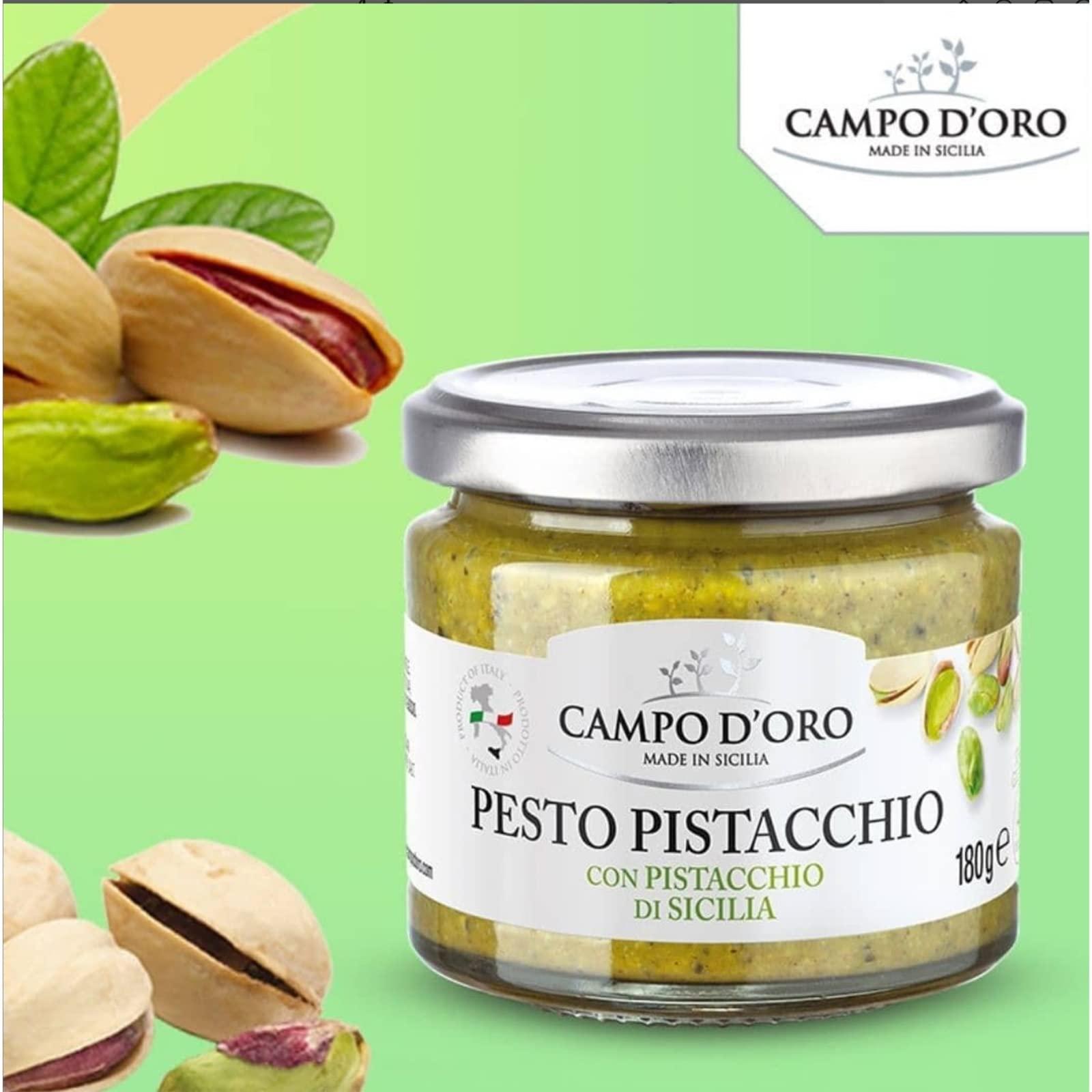 CAMPO D'ORO Pistachio Pesto, Paste, UnSweetened, Sicilian Pesto Sauce, Savory, Creamy, Spreadable, 6.35oz, Sicily, Italy. By Campo D\'Oro