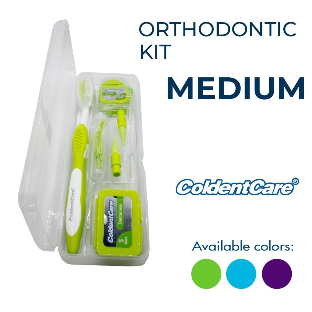 ColdentCare Braces Cleaning Kit for Teeth, Portable Orthodontic Toothbrush Kit Oral Care Dental Travel - 2 Interdental Brush, 5 Bars of Wax, 1 Dental Floss 12m, 13 Dental Floss Threader Multipurpose case (Green)