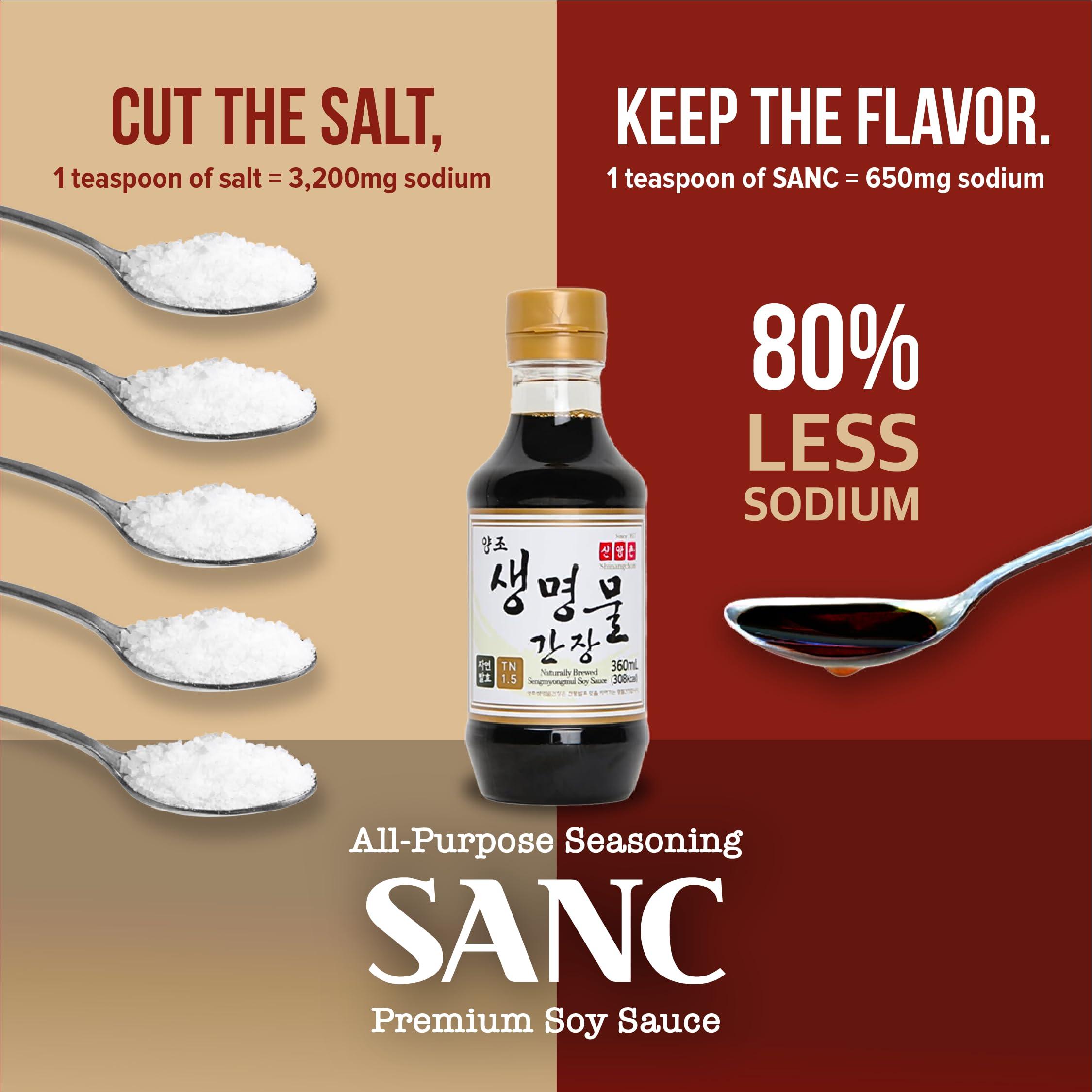 Shinangchon SANC All Purpose Korean Soy Sauce, 12.2 Fl Oz (Pack of 3) A Must-Have for Every Pantry, Low-Sodium Salt Substitute, NON-GMO Bean, No Artificial Additives, Naturally Brewed with Music Fermentation