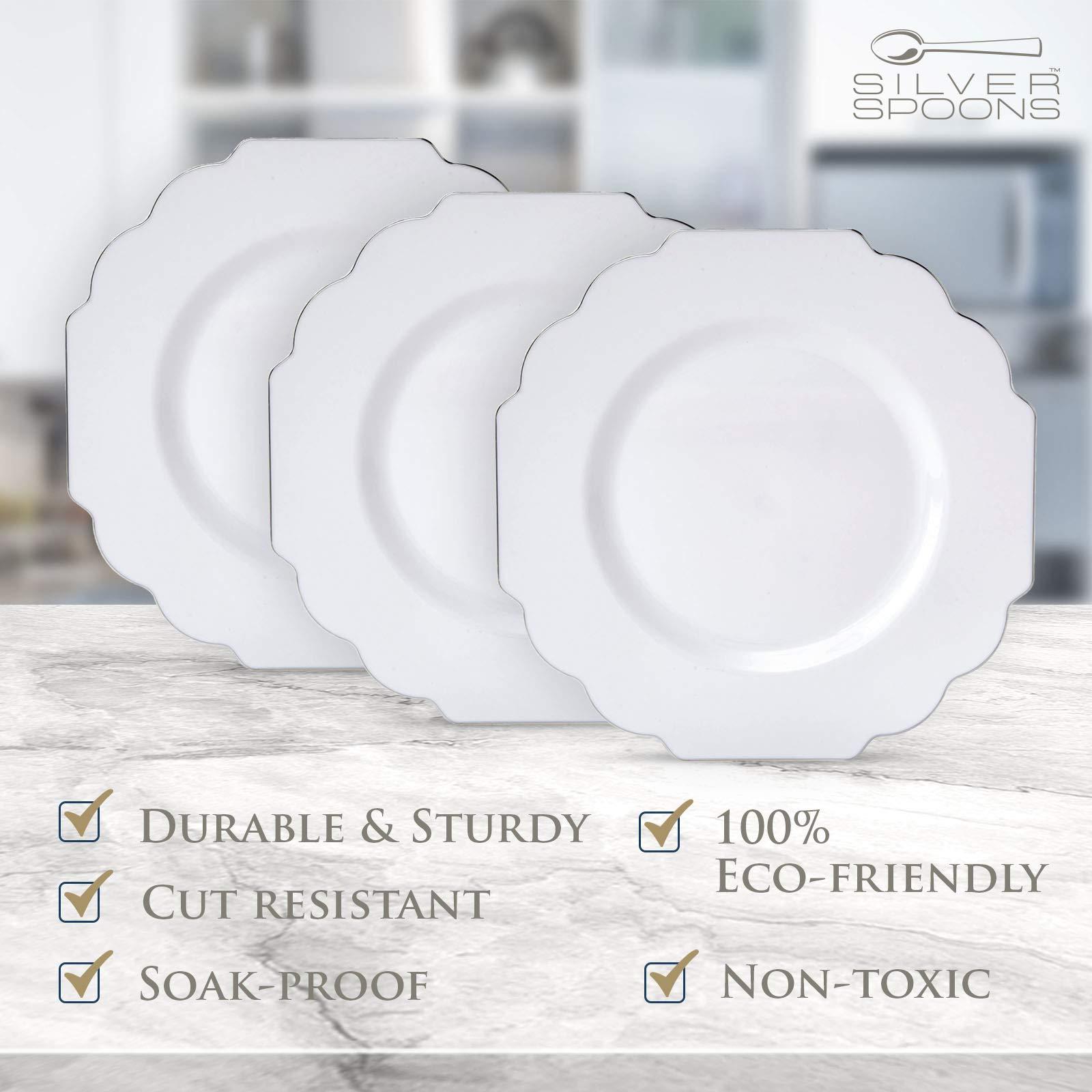 Silver Spoons SILVER SPOONS Elegant Plastic Plates for Party with Scalloped Rim (10 PC), Disposable Heavy-Duty Dessert Plates for Wedding Reception - 6, Fancy Plastic Dinnerware Sets with Silver Edge - White