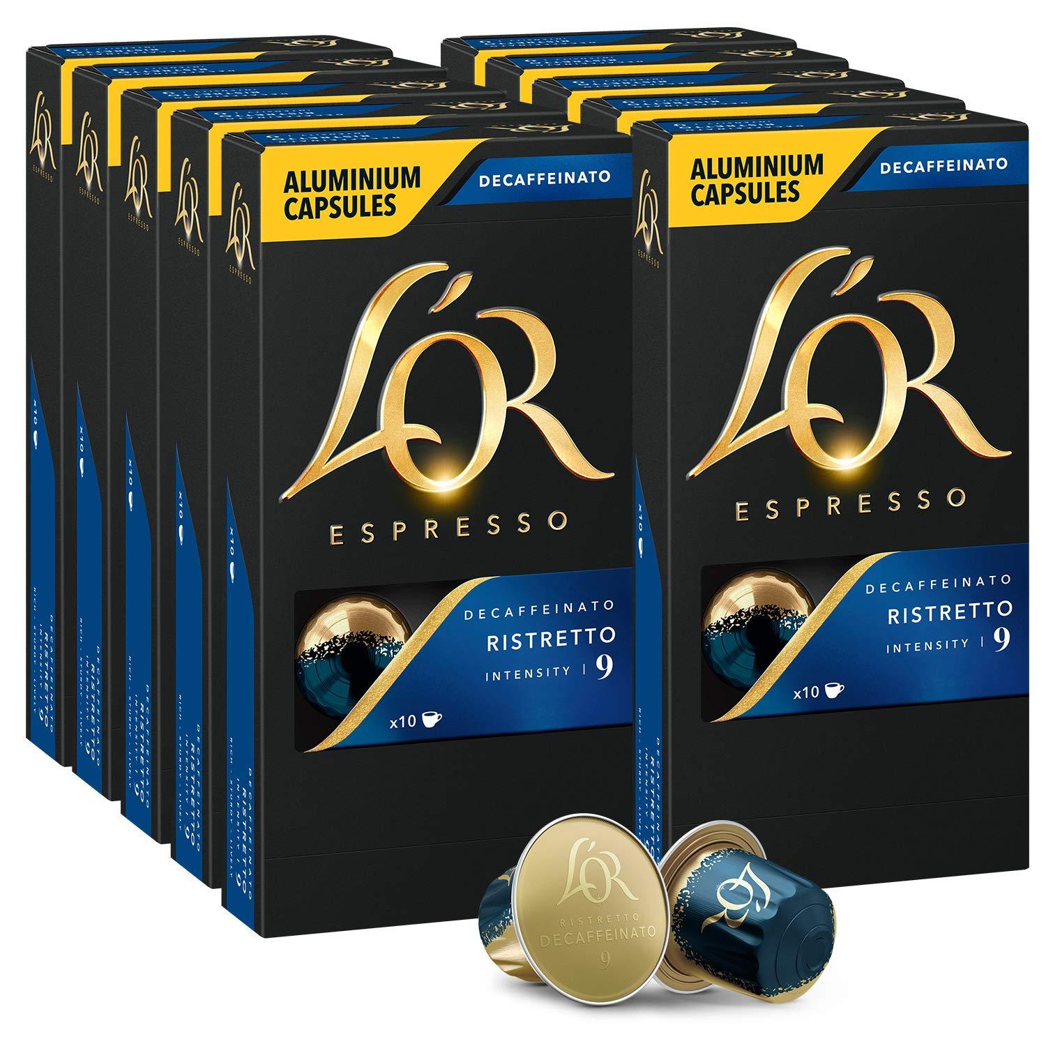 L'OR L'OR DECAF Espresso Capsules, 100 Count DECAF Ristretto, Single-Serve Aluminum Coffee Capsules Compatible with the L'OR BARISTA System & Nespresso Original Machines