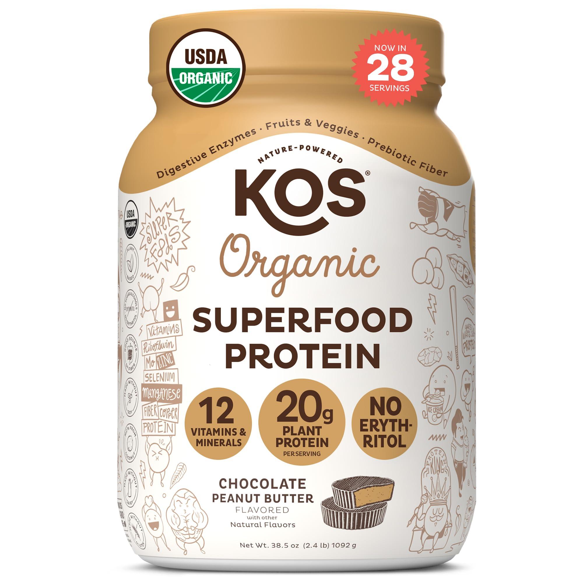 KOS KOS Organic Plant Based Protein Powder, Chocolate Peanut Butter - Delicious Vegan Protein Powder Meal Replacement - Keto Friendly, Gluten Free, Dairy Free & Soy Free - 2.4 lbs, 28 Servings