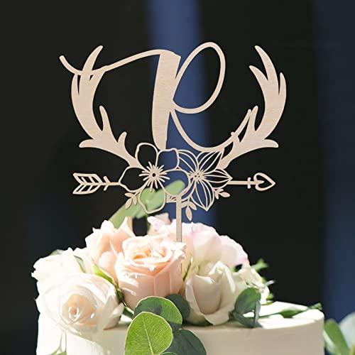 Vinisong Vinisong Personalized Initials Cake Topper Wreath Letter R Cake Topper Wood Monogram Cake Topper Rustic Wedding Cake Topper Birthday Cake Decoration(Design 01,R)