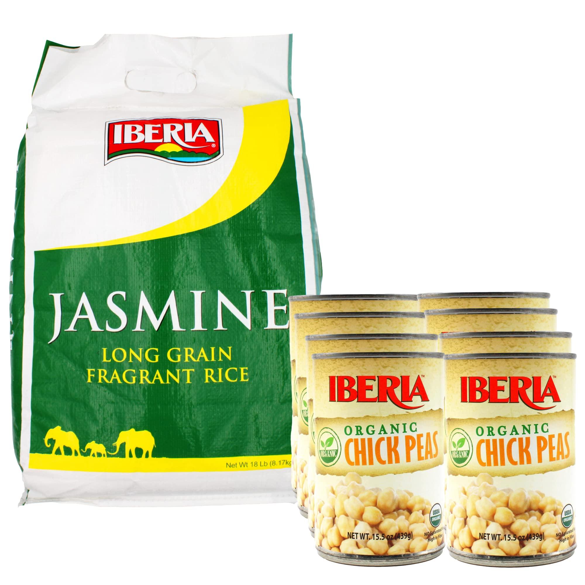Iberia Iberia Jasmine Long Grain Fragrant Rice, 18 lb. + Iberia Organic Chickpeas 15.5 oz (Pack of 8)