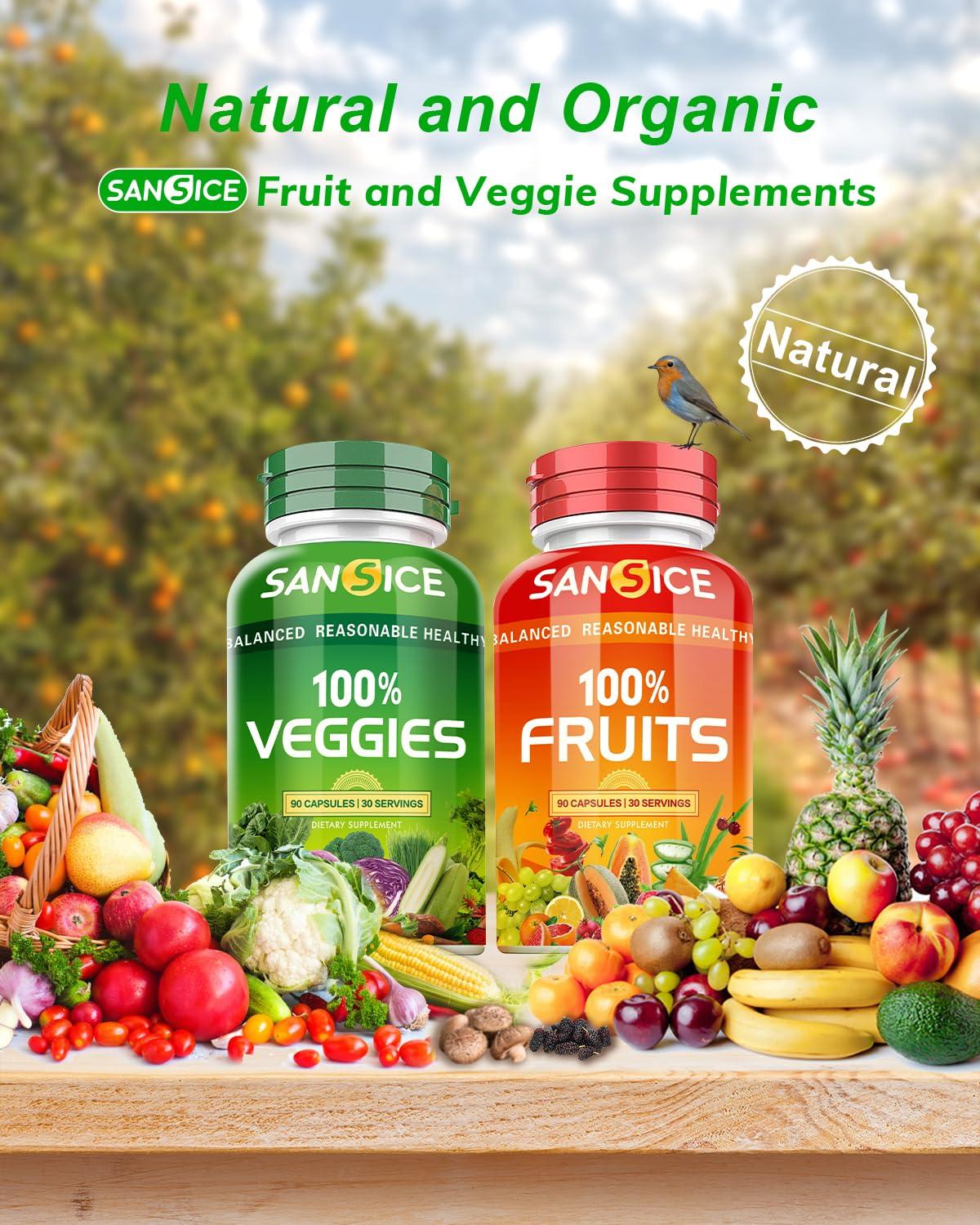 SANSICE SANSICE Fruits and Veggies Supplement, 100% Natural Fruit and Vegetable Vitamins Soy Free & Non-GMO Vegetable and Fruit Supplements for Women Men and Kids - 90 Fruit Capsules, 90 Veggie Capsules