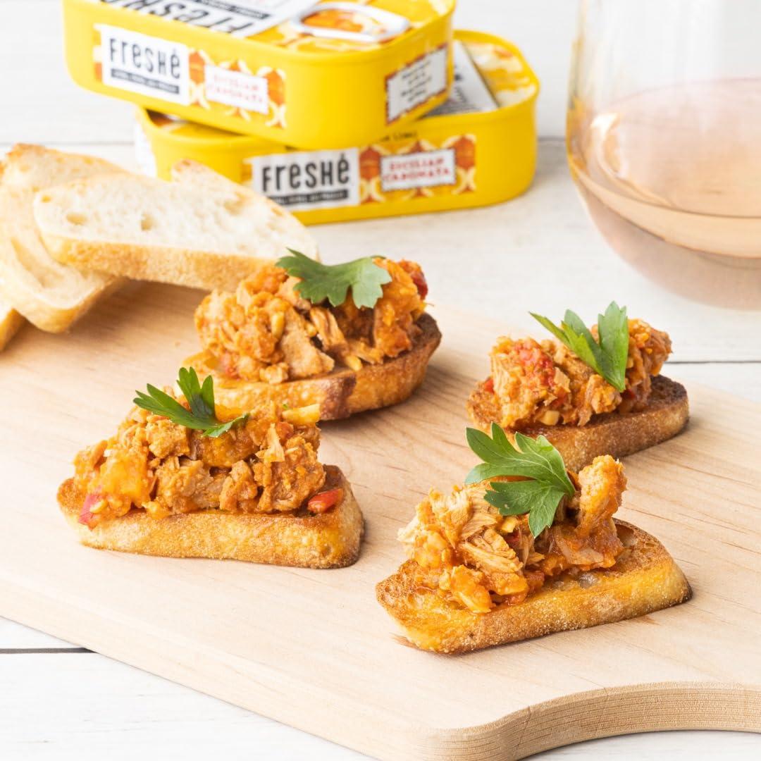 Freshé Fresh Gourmet Canned Tuna (Sicilian Caponata, 10 pack of 4.25 oz. tin) Freshly Packaged Skipjack Tuna Fish - Sustainably Caught - Perfect Gluten Free, High Protein Backpacking Food