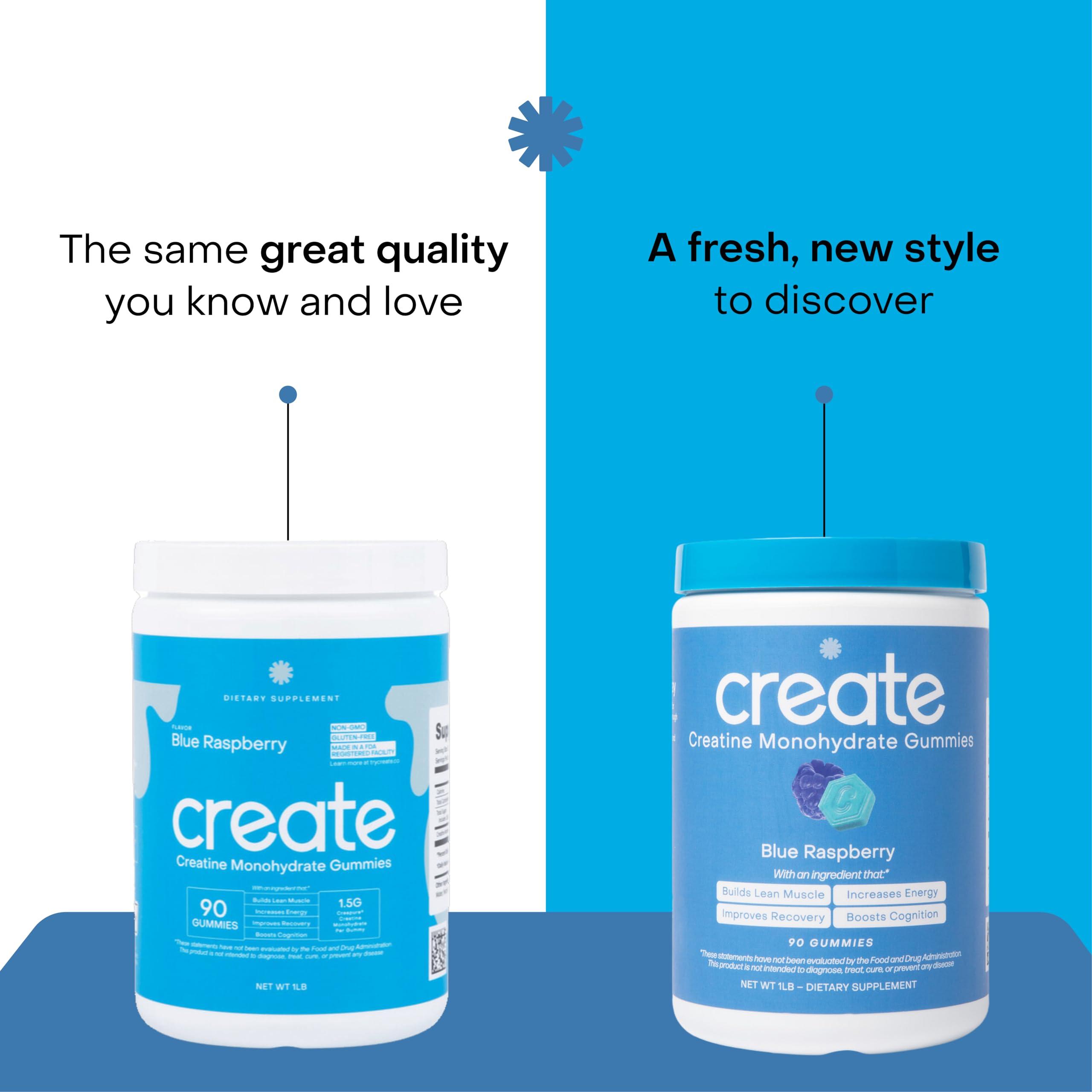 Create Create Creatine Monohydrate Gummies for Men & Women, Boost Focus, Strength, and Endurance, Anti-Melting Formula, Vegan, Gluten-Free, Non-GMO, 1.5g of Creatine per Gummy (Blue Raspberry, 90ct)