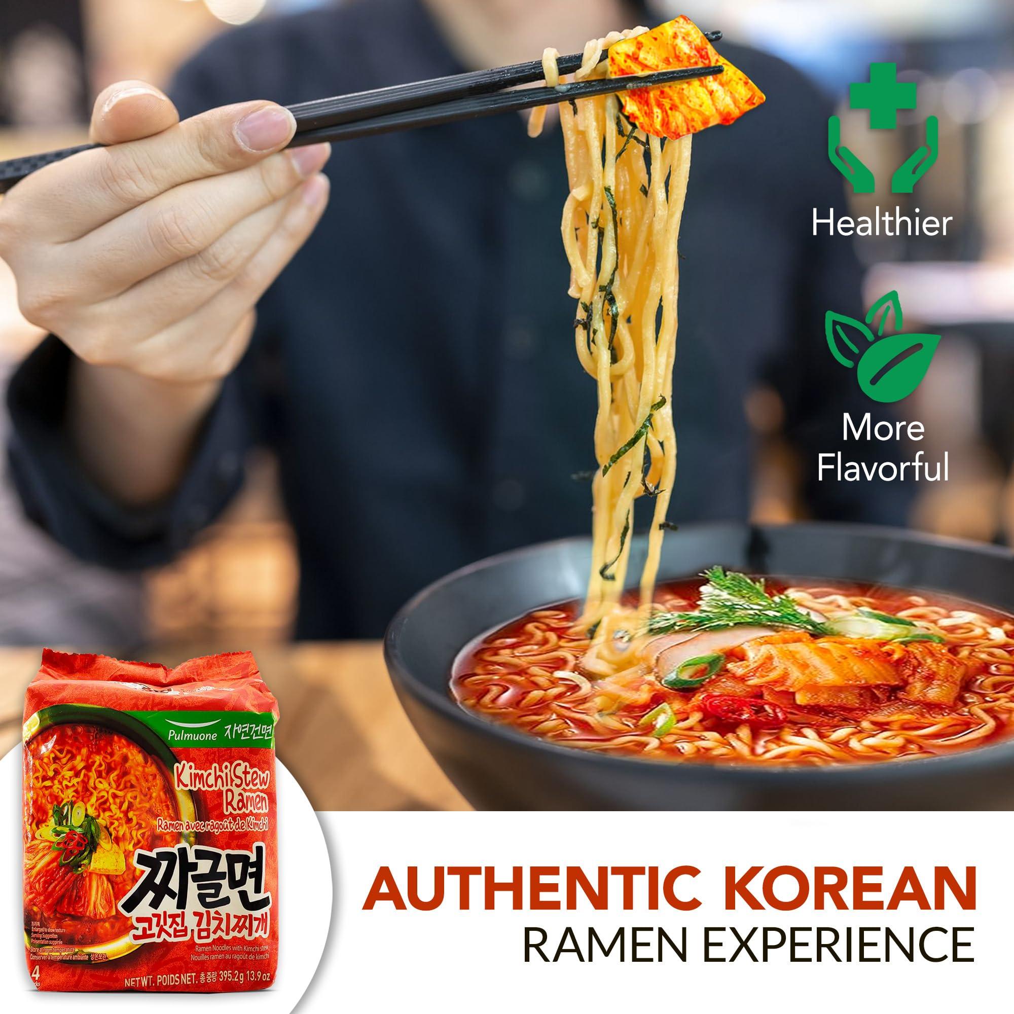 K-Munchies Pulmuone Non-Fried Ramyun Korean Noodles - 4 Pack Korean Instant Noodles Kimchi Stew Flavor - Easy to Cook Authentic Korean Ramen with Distinctly Asian Broth and Chewy Noodle