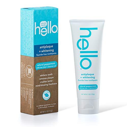 hello Hello Oral Care Fluoride Free Antiplaque and Whitening Toothpaste Vegan SLS Free with Tea Tree Oil Coconut Oil, Natural Peppermint, 4.7 Ounce